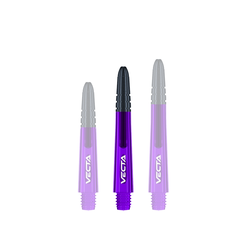 Winmau Vecta Shafts - fioletowo-czarne Das Bild zeigt drei lila und schwarze Dartschäfte der Marke Vecta. Sie sind nebeneinander aufgereiht und haben unterschiedliche Längen.