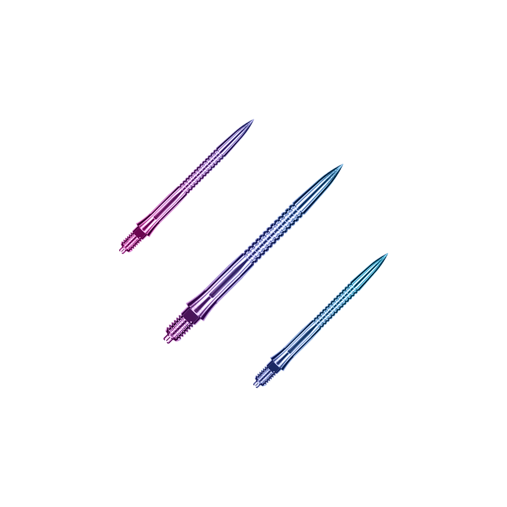 Końcówki do lotek Caliburn EZ-EVO – rowkowane – tęczowe Das Bild zeigt EVO205 Caliburn EZ-EVO Dartspitzen Grooved Rainbow 28mm als Set. Es handelt sich um mehrfarbige Dartspitzen mit Rillenstruktur.