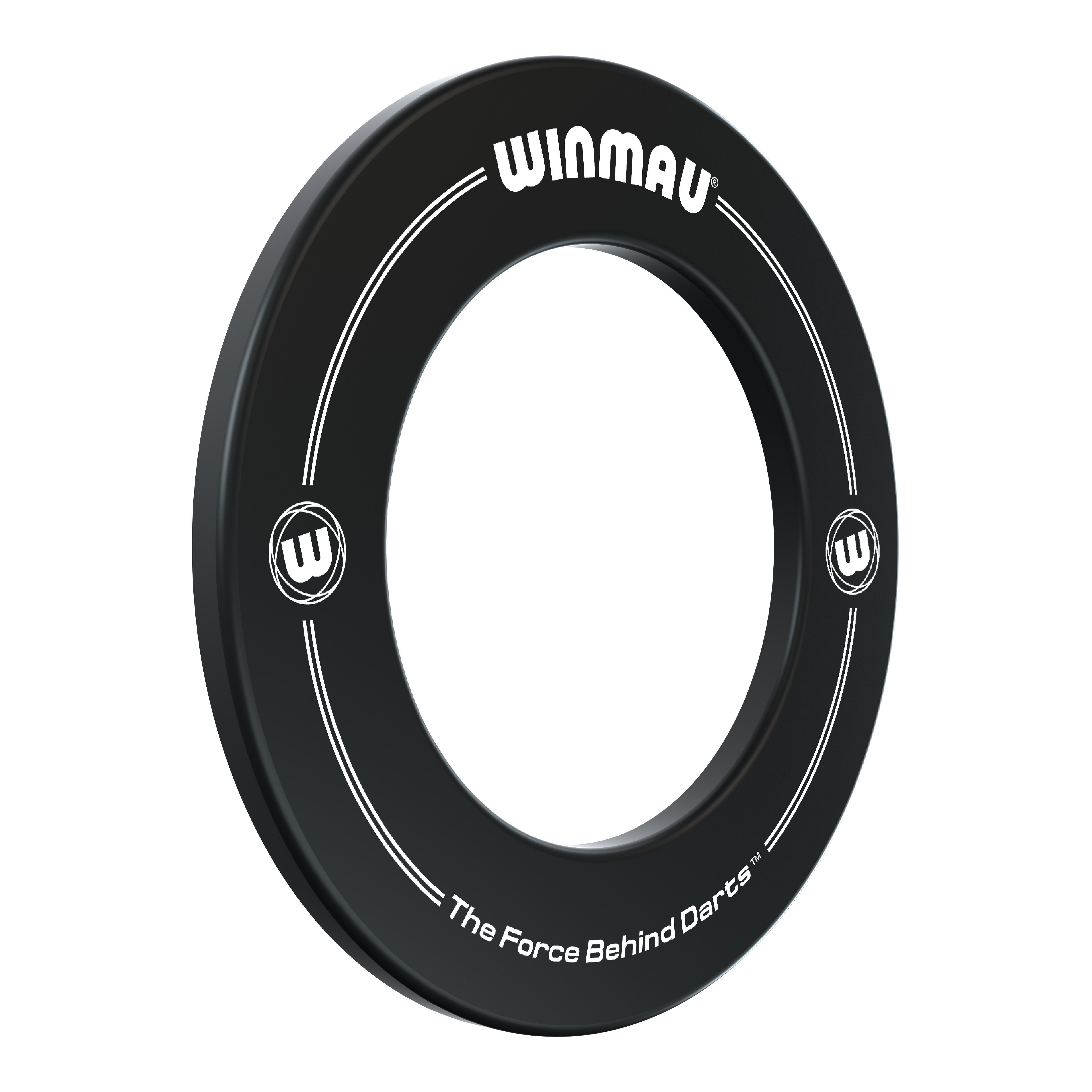 Das Bild zeigt einen schwarzen Dartboard-Surround-Ring der Marke Winmau. Auf dem Ring stehen die Worte „WINMAU“ und „The Force Behind Darts“.