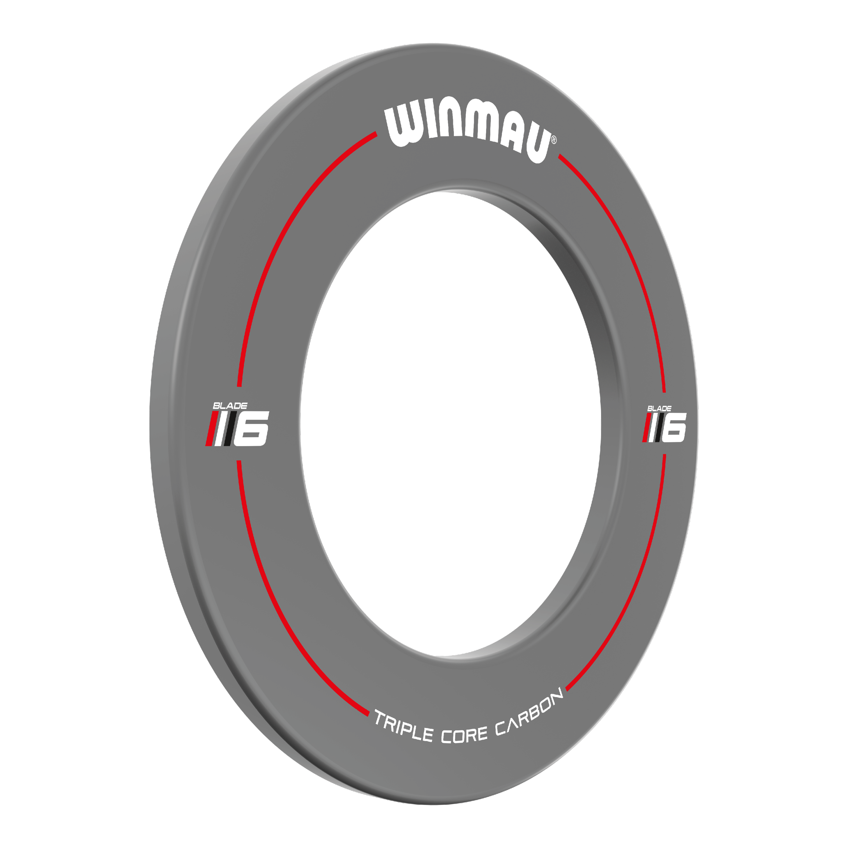 Winmau Blade 6 Design Dartboard Surround - Grau Das Bild zeigt das Produkt "Winmau Blade 6 Design Dartboard Surround" in Grau. Der Dartboard-Surround ist rund, hat rote Akzente und weißen Text.