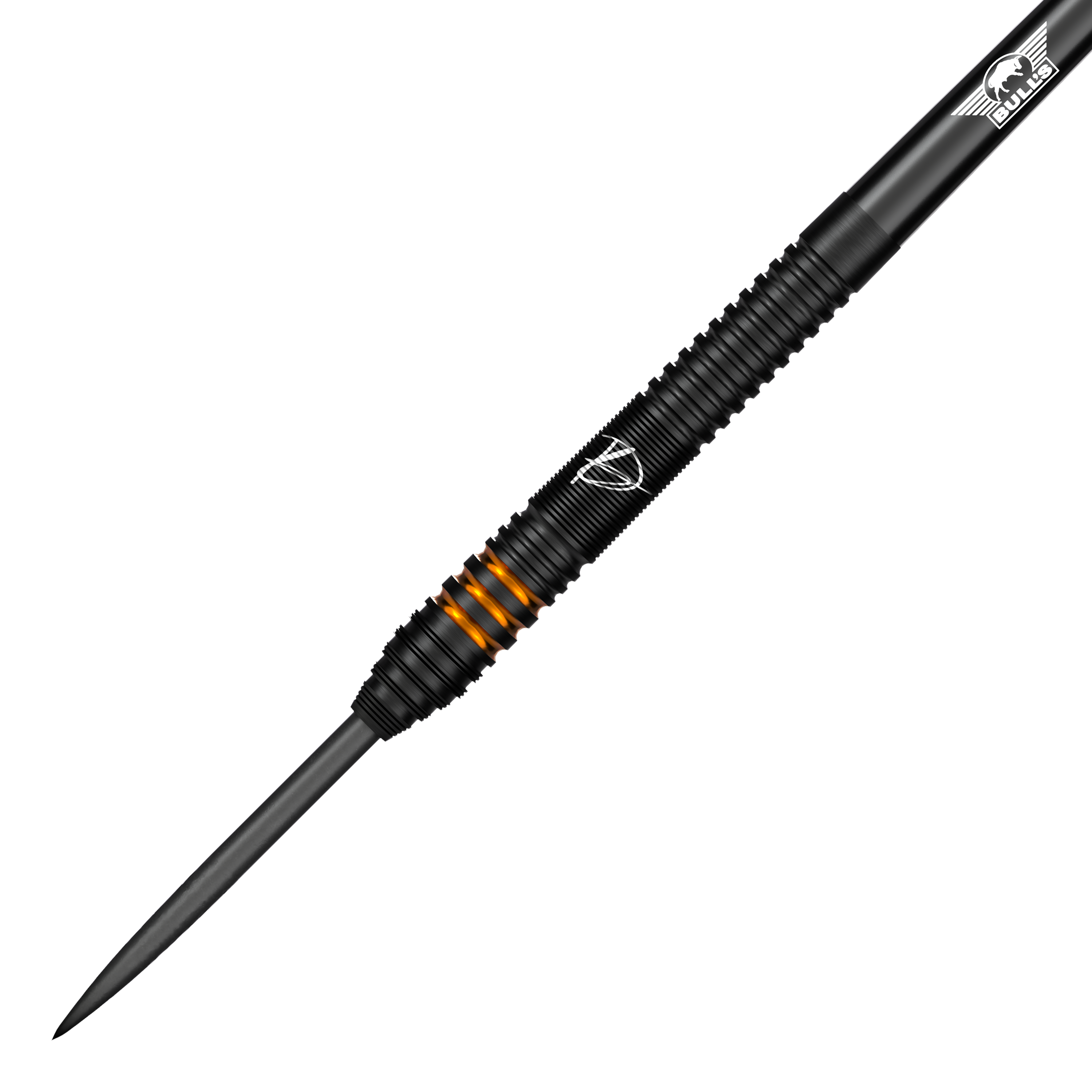 Bulls NL Dirk Van Duijvenbode Edition 2 stalowe rzutki Dies ist der Bulls NL Dirk Van Duijvenbode Edition 2 Steeldart. Der Dart ist überwiegend schwarz mit auffälligen orangefarbenen Ringen im Griffbereich.