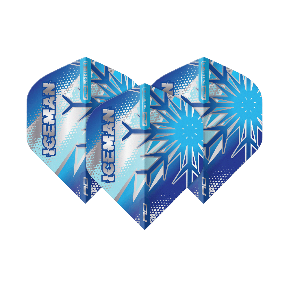 Red Dragon Gerwyn Price Niebieski Płatek No2 Standardowe Loty Das Bild zeigt drei blaue Dart-Flights mit Eiskristall-Muster und dem Schriftzug "ICEMAN". Die Flights sind das Produkt "Red Dragon Gerwyn Price Blue Flake No2 Standard Flights".
