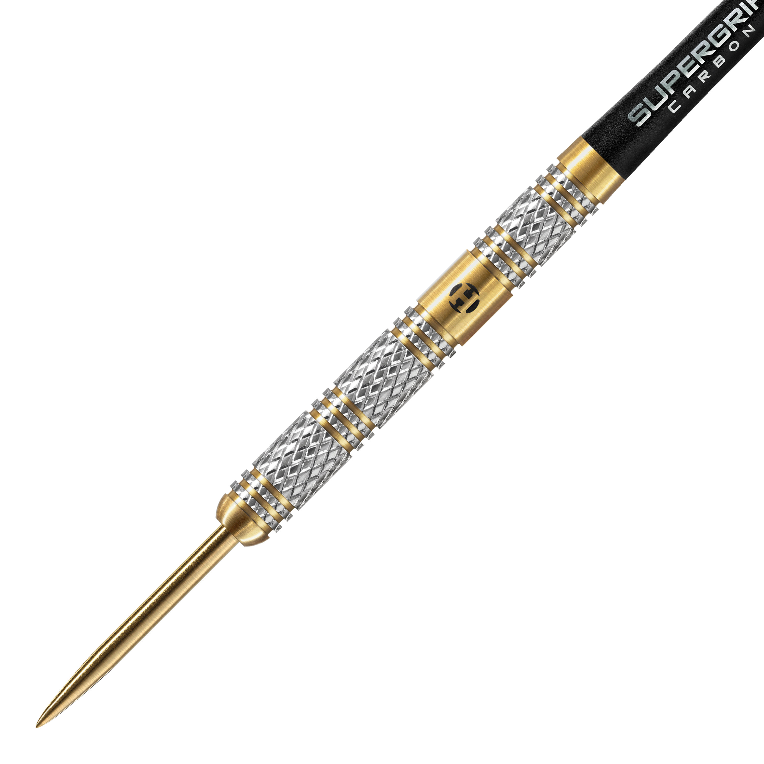 Harrows Anniversary Edition Magnum Steeldarts Das Bild zeigt einen Harrows Anniversary Edition Magnum Steeldart. Der Dartpfeil hat ein silber-goldenes Design mit einer schwarzen Spitze am hinteren Teil.