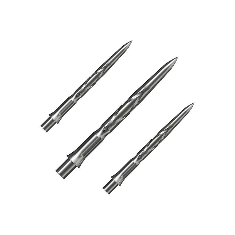 Stalowe groty do lotek Caliburn System - HAN G2 - Srebrne Auf dem Bild sind drei silberne Steeldartspitzen zu sehen. Sie haben eine spitz zulaufende Form mit eingeritztem Muster.