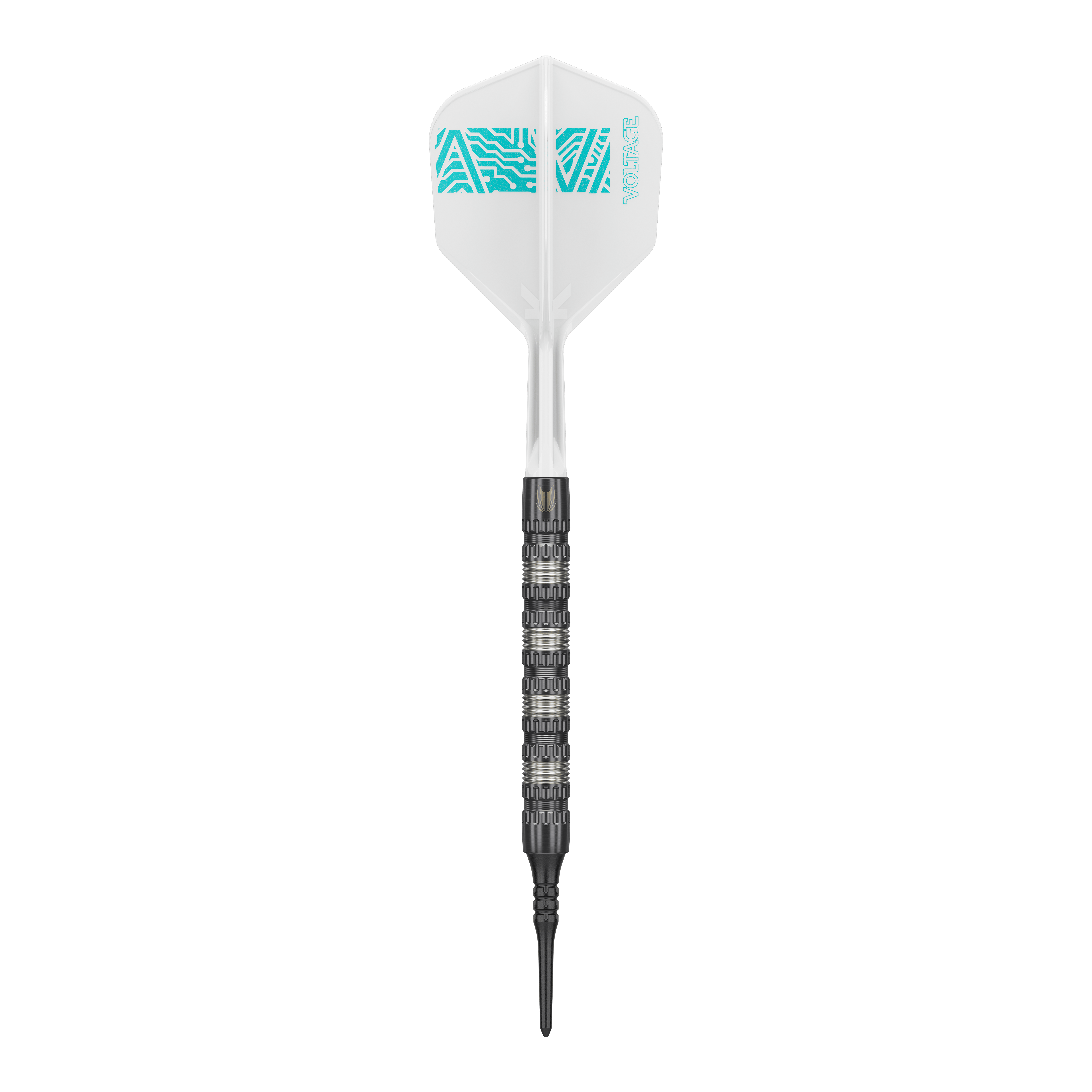 Lotki miękkie Target Rob Cross 95K Swiss Point – 18 g Der Target Rob Cross 95K Swiss Point Softdart wiegt 18 Gramm und hat ein auffälliges, strukturiertes Barrel. Die Flight ist weiß mit türkisfarbenem Muster und der Aufschrift "VOLTAGE".