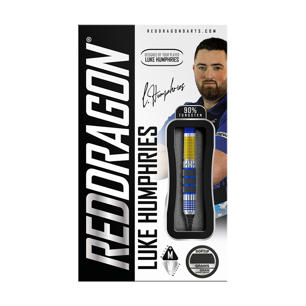 RD2402_Red_Dragon_Luke_Humphries_2021_Softdarts_3 Auf dem Bild ist die Verpackung der "Red Dragon Luke Humphries Softdarts - 20g" zu sehen. Die Darts bestehen aus 90% Tungsten und wurden vom Spieler Luke Humphries designt.