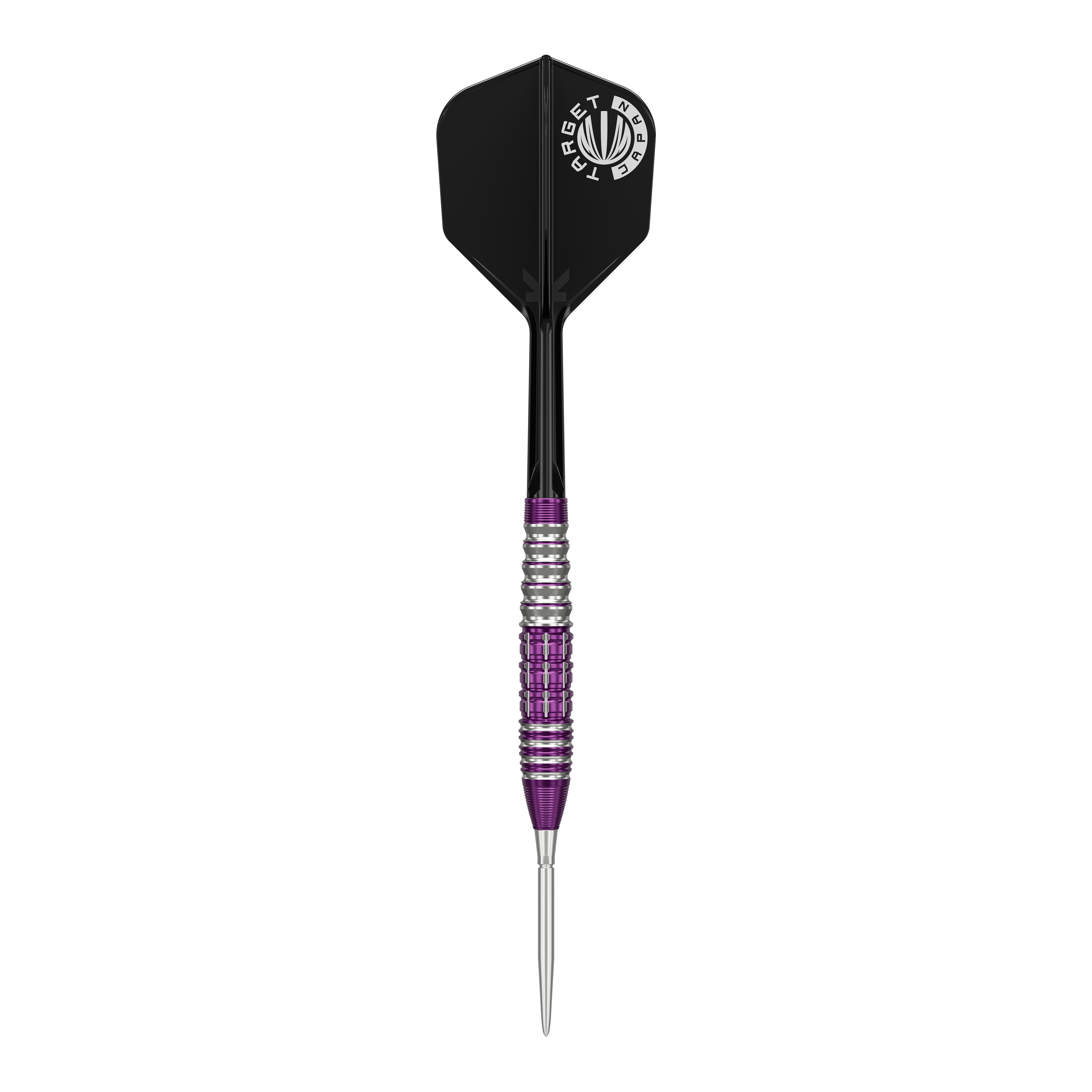 Target Japan Prime Series Tung Suk Zenith GEN1 Swiss Point Steeldarts - 23g Das Bild zeigt einen Steeldartpfeil aus der Target Japan Prime Series mit silber-lila geriffeltem Barrel und schwarzer Flight. Auf dem Flight ist ein weißes Logo mit der Aufschrift "TARGET JAPAN" zu sehen.