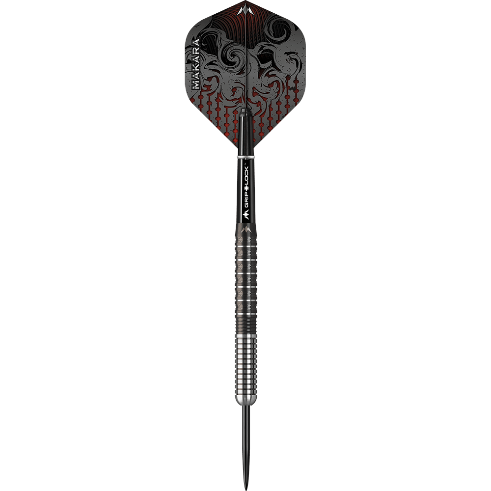 Dies ist ein Steeldart des Modells "Mission Makara M1". Der Dart hat ein auffälliges Design mit schwarzen und roten Mustern auf dem Flight und einem silber-schwarzen Griff.