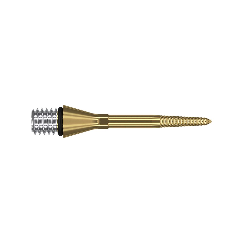 380166_Target_Titanium_Swiss_Point_Nano_Conversion_Points_Gold_26mm_2 Das Bild zeigt eine goldfarbene Dartspitze mit einem silbernen Gewinde am linken Ende. Die Spitze ist schmal und hat feine Rillen am rechten Ende.
