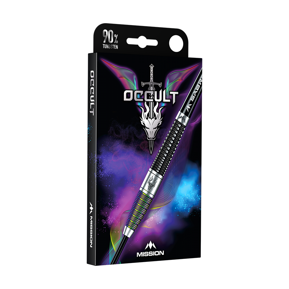 Die Abbildung zeigt die Verpackung der "Mission Occult Steeldarts - 23g". Auf der Vorderseite sind ein Dartpfeil, ein Drachenkopf mit Schwert und bunte Rauchwolken zu sehen.