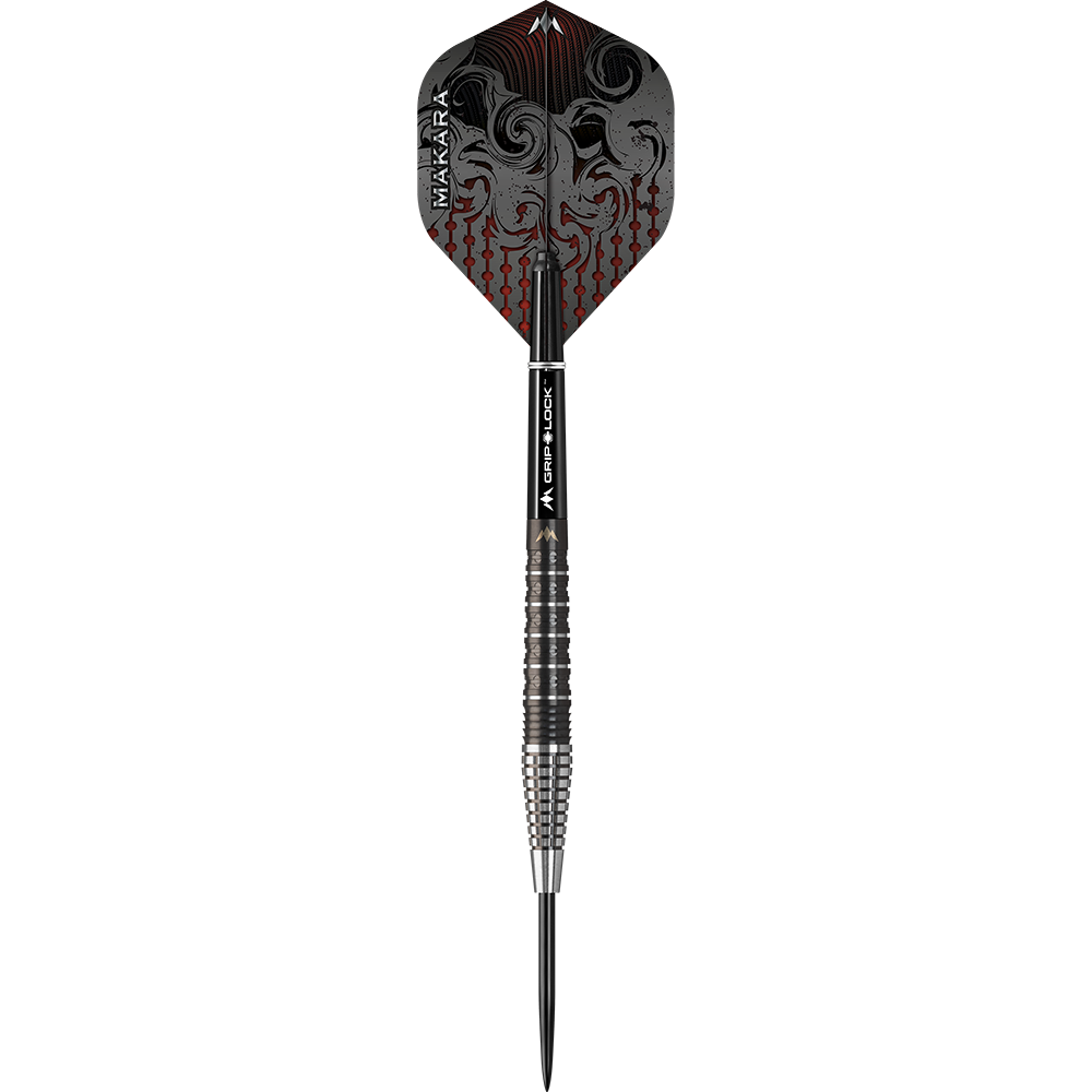 Das Bild zeigt einen Mission Makara M2 Steeldart mit einem Gewicht von 23 Gramm. Der Dart hat ein auffälliges Design mit schwarzen und roten Verzierungen auf dem Flight.