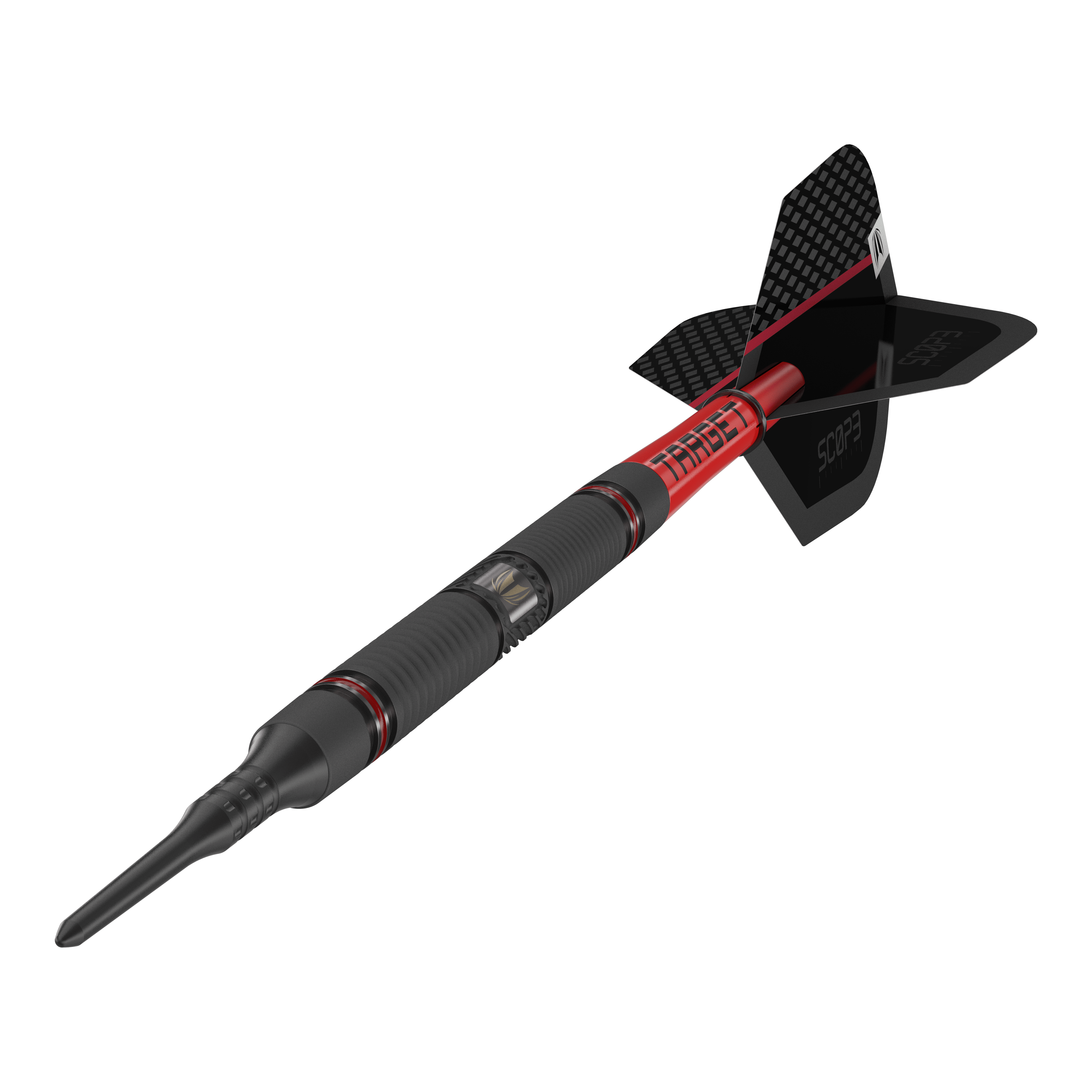 Targetownik 10 miękkich rzutek Das Bild zeigt einen modernen Softdart mit dem Namen "Target Scope 10 Softdarts". Der Dart ist schwarz und rot gestaltet und hat eine auffällige, strukturierte Oberfläche sowie eine schwarze Flight.