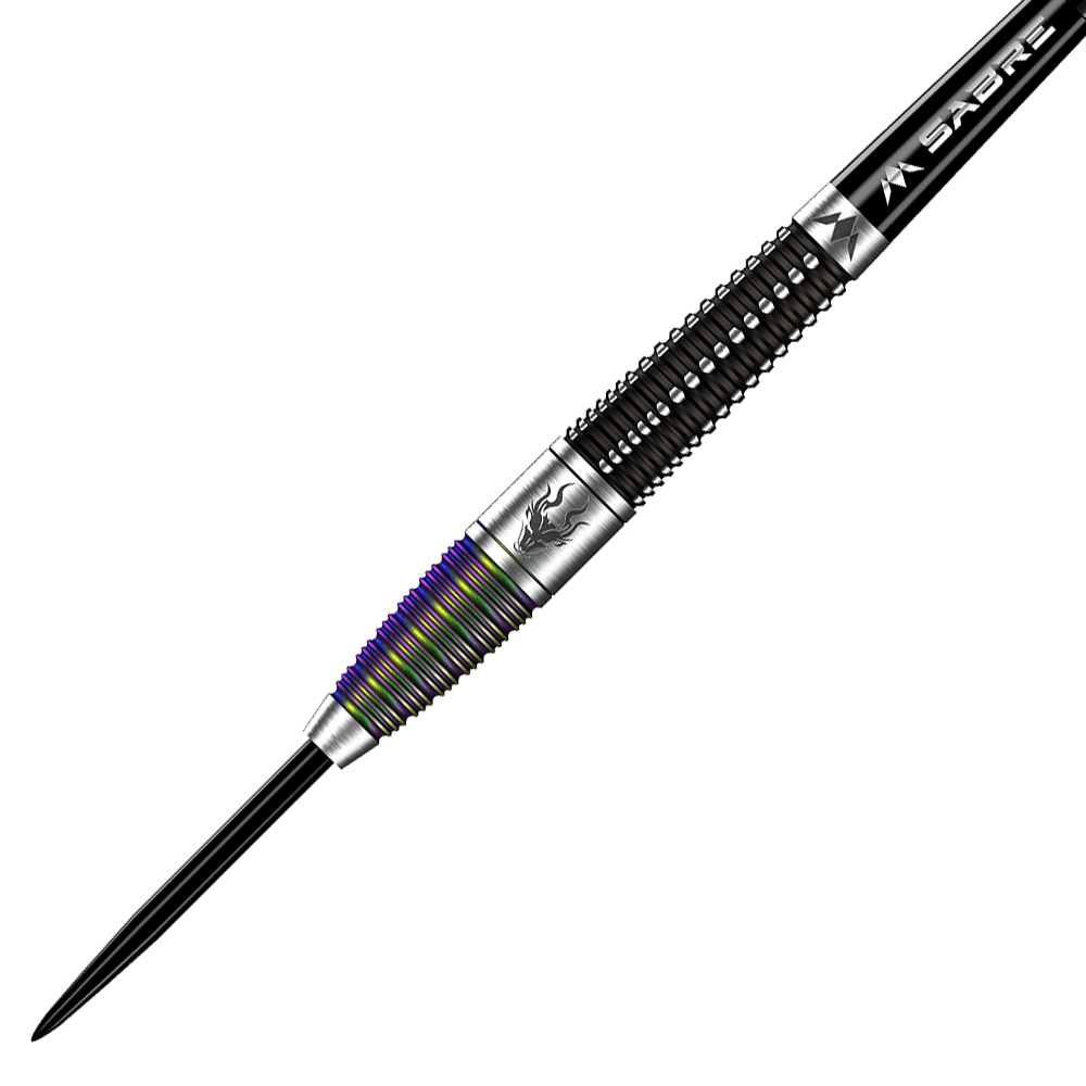 Das Bild zeigt einen Mission Occult Steeldart mit einem Gewicht von 23 Gramm. Der Dartpfeil hat ein elegantes Design mit metallischen und farbigen Rillen.