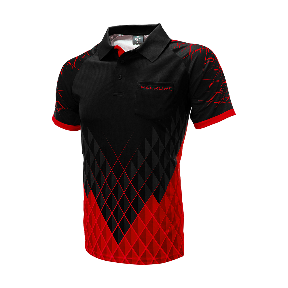 HRS-26036_Harrows_Paragon_Dartshirt_Rot_3 Das Bild zeigt ein Harrows Paragon Dartshirt in den Farben Schwarz und Rot. Das Shirt hat ein auffälliges Rautenmuster und einen Kragen mit Knopfleiste.