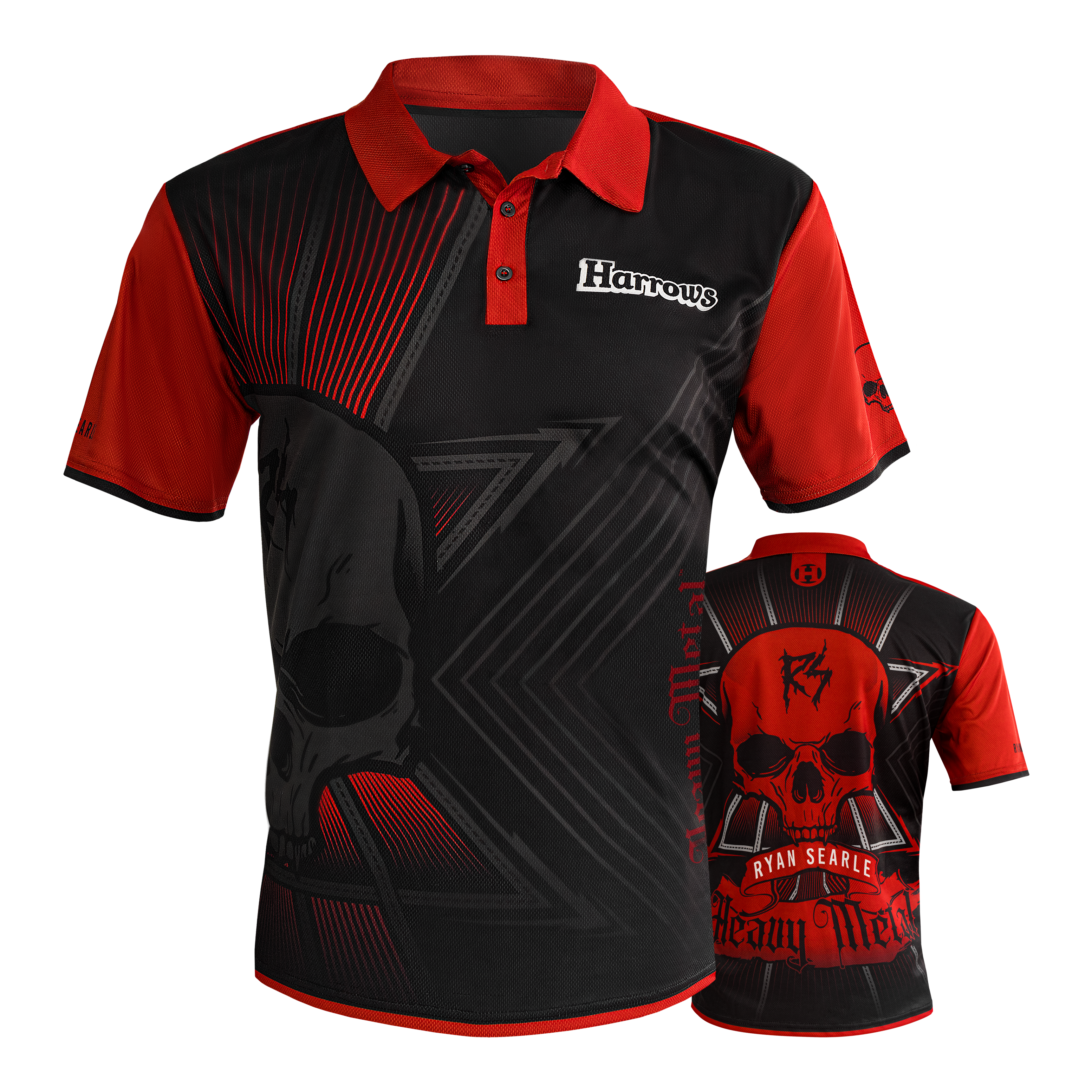 Koszulka Harrow's Ryan Searle Heavy Metal Darts Das Bild zeigt das "Harrows Ryan Searle Heavy Metal Dartshirt" in Schwarz und Rot mit auffälligem Totenkopf-Design. Auf der Vorderseite steht "Harrows" und auf der Rückseite sind die Schriftzüge "Ryan Searle" und "Heavy Metal" zu sehen.