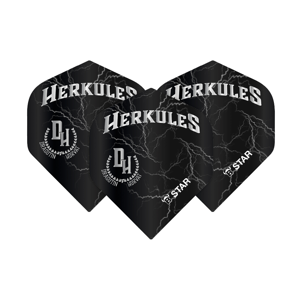 BL51843_Bulls_B-Star_Dragutin_Horvat_No2_Standard_Flights_1I3Zw9LYfF49bA Das Bild zeigt drei schwarze Dartflights mit dem weißen Schriftzug "HERKULES" und einem Blitzmuster. Darunter stehen die Initialen "DH" sowie die Namen "Dragutin Horvat" und der Markenname "B-Star".