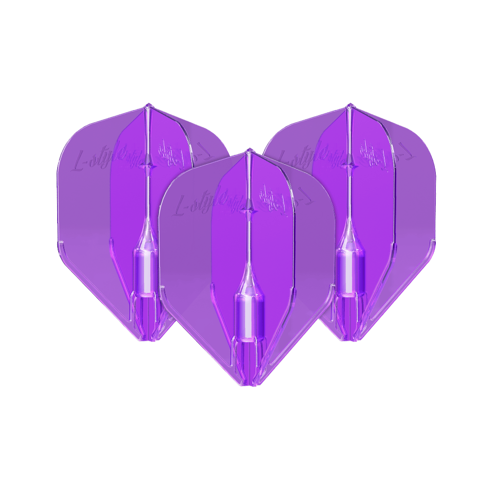 Lotki w stylu L Fantom L3EZ w kolorze fioletowym Das Bild zeigt drei violette L-Style Fantom L3EZ Flights für Darts. Sie sind nebeneinander angeordnet und haben eine glänzende, transparente Oberfläche.