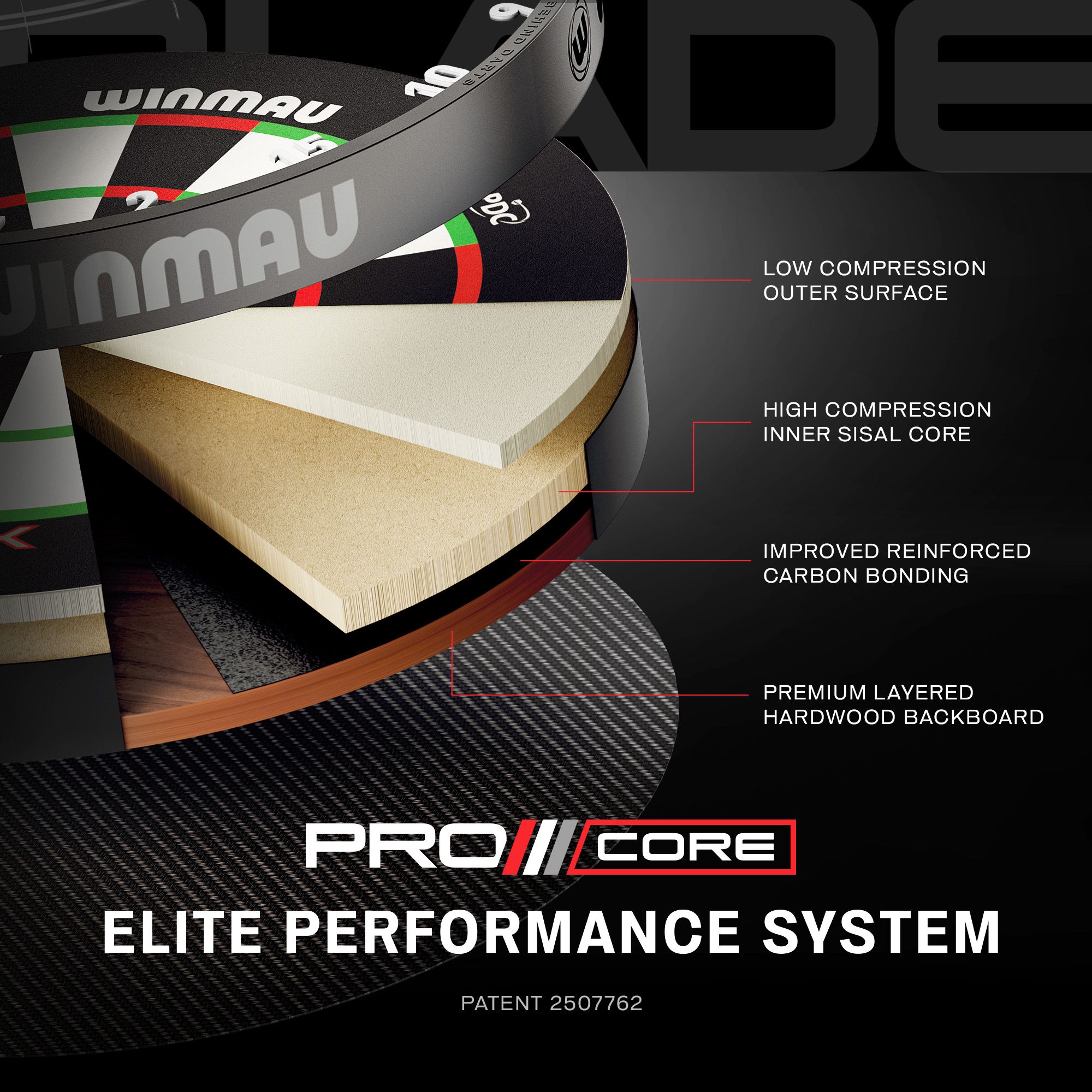 Stalowa tarcza do darta Winmau Blade X ProCore Das Bild zeigt einen weiteren Blick auf das Winmau Blade X ProCore Steeldartboard. Die Aufnahme fokussiert auf die Oberfläche und das Segment-Design.
