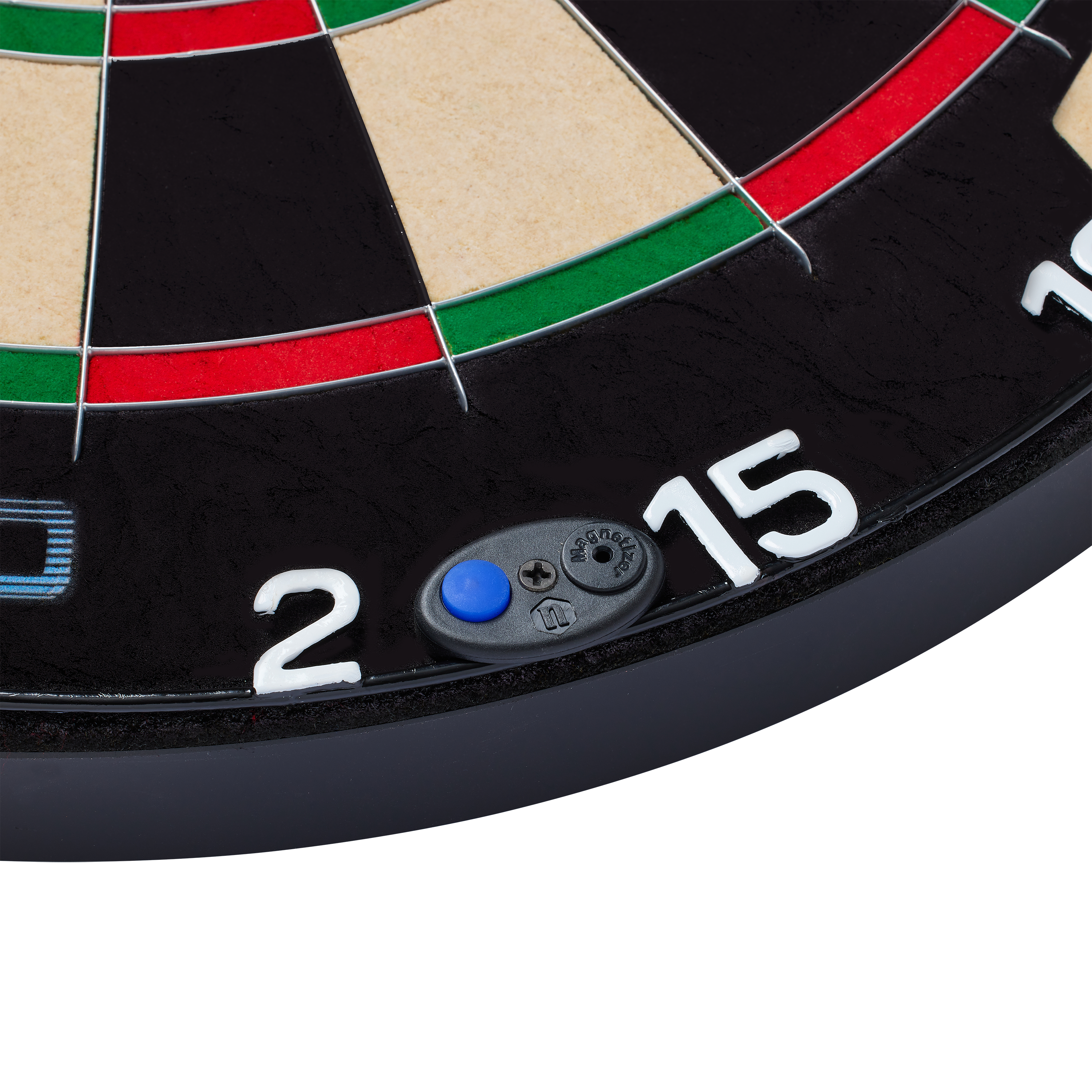 Das Bild zeigt einen Ausschnitt eines Steeldartboards mit den Zahlen 2 und 15. Es handelt sich um das Produkt "Unicorn Eclipse Smartboard", das auch einen kleinen blauen Knopf am Rand besitzt.