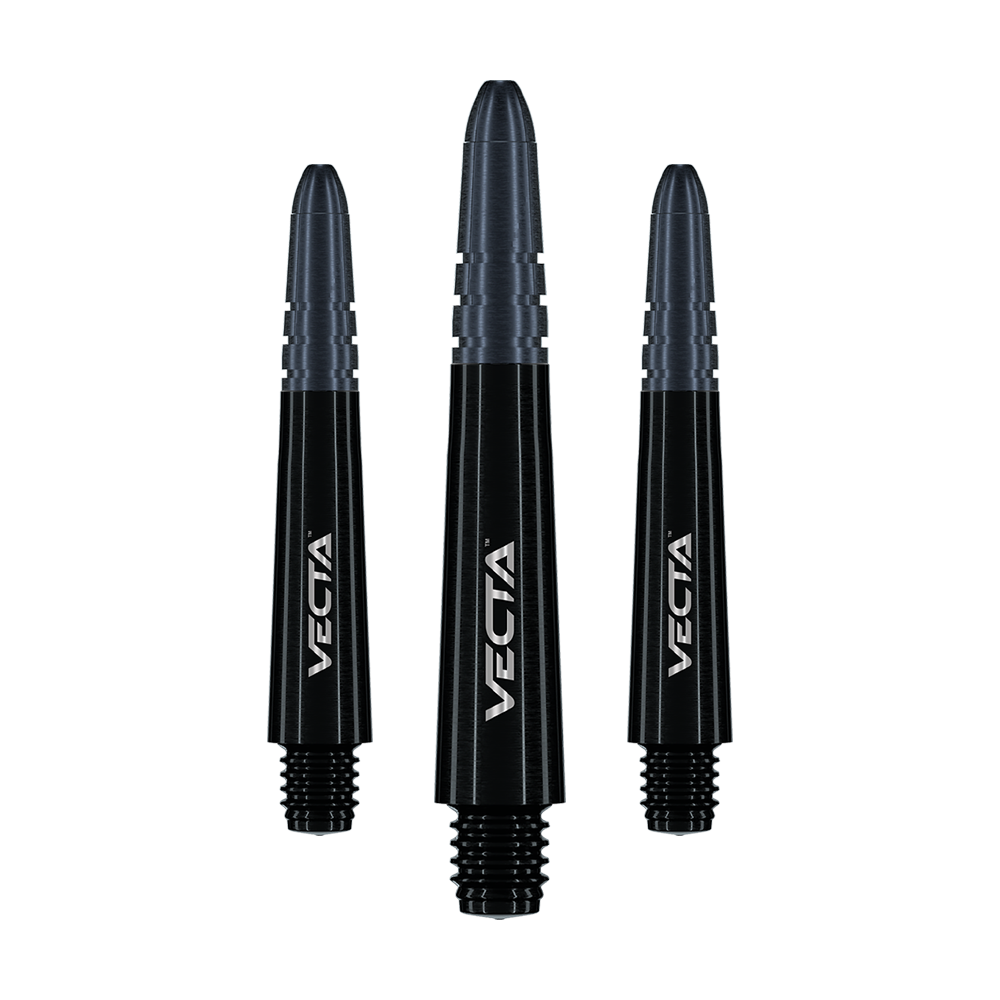Wały Winmau Vecta - czarne Auf dem Bild sind drei schwarze Dart-Schäfte mit der Aufschrift "Vecta" zu sehen. Sie sind unterschiedlich groß und haben ein modernes, glänzendes Design.