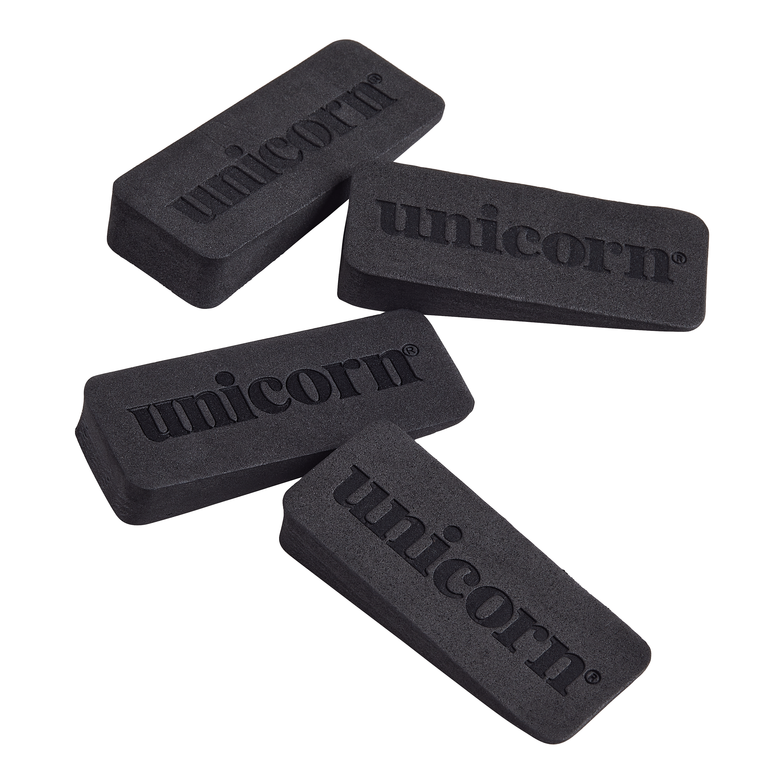 Kliny do tarczy do darta w kształcie jednorożca Auf dem Bild sind vier schwarze Keile mit dem Aufdruck "unicorn" zu sehen. Es handelt sich um Dartboard-Wedges, die zum Ausgleichen und Befestigen einer Dartscheibe verwendet werden.