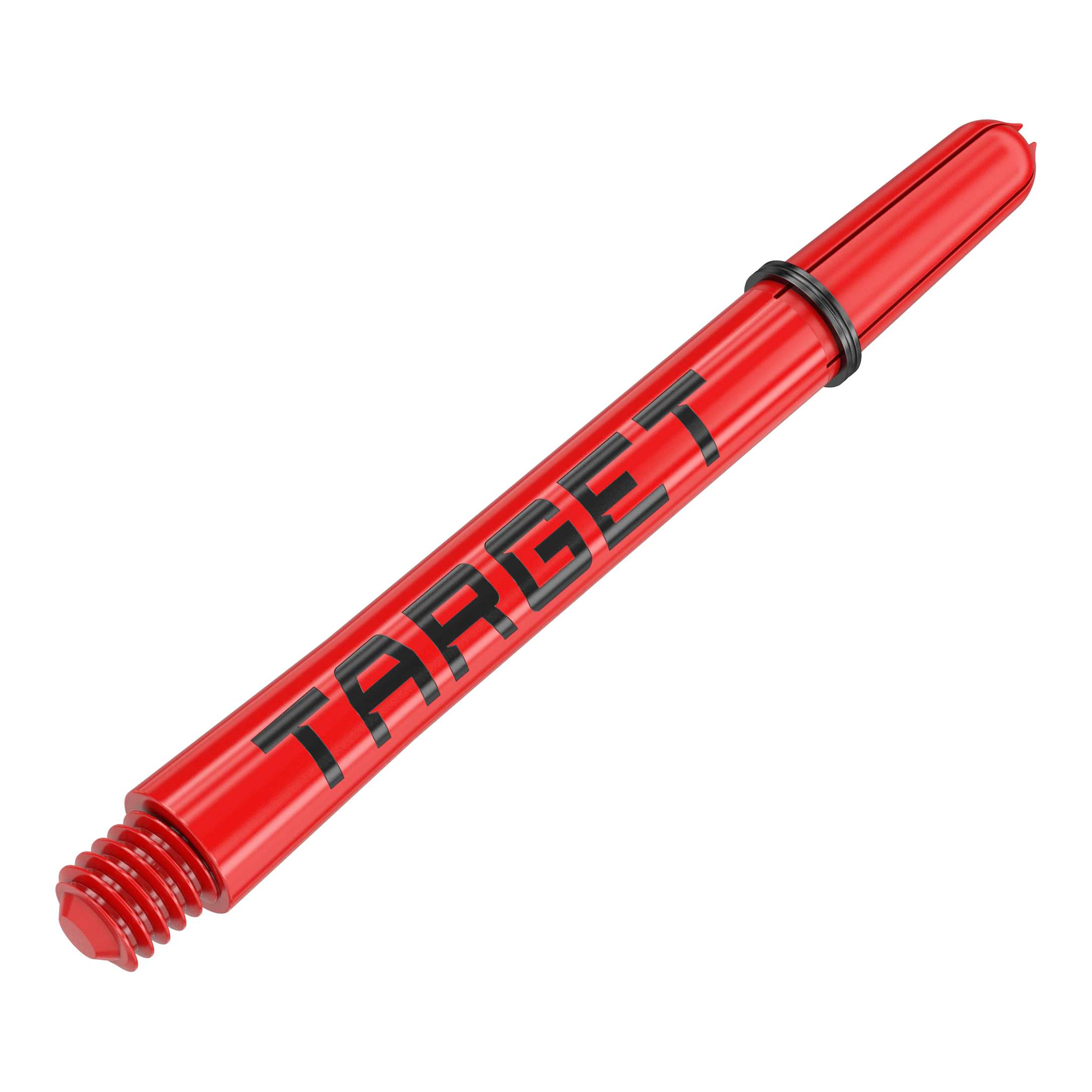 Trzonki Target Pro Grip TAG – 3 zestawy – czerwone Auf dem Bild ist ein roter Dart-Schaft mit der Aufschrift "TARGET" zu sehen. Der Schaft hat am Ende ein Schraubgewinde und einen schwarzen Gummiring.