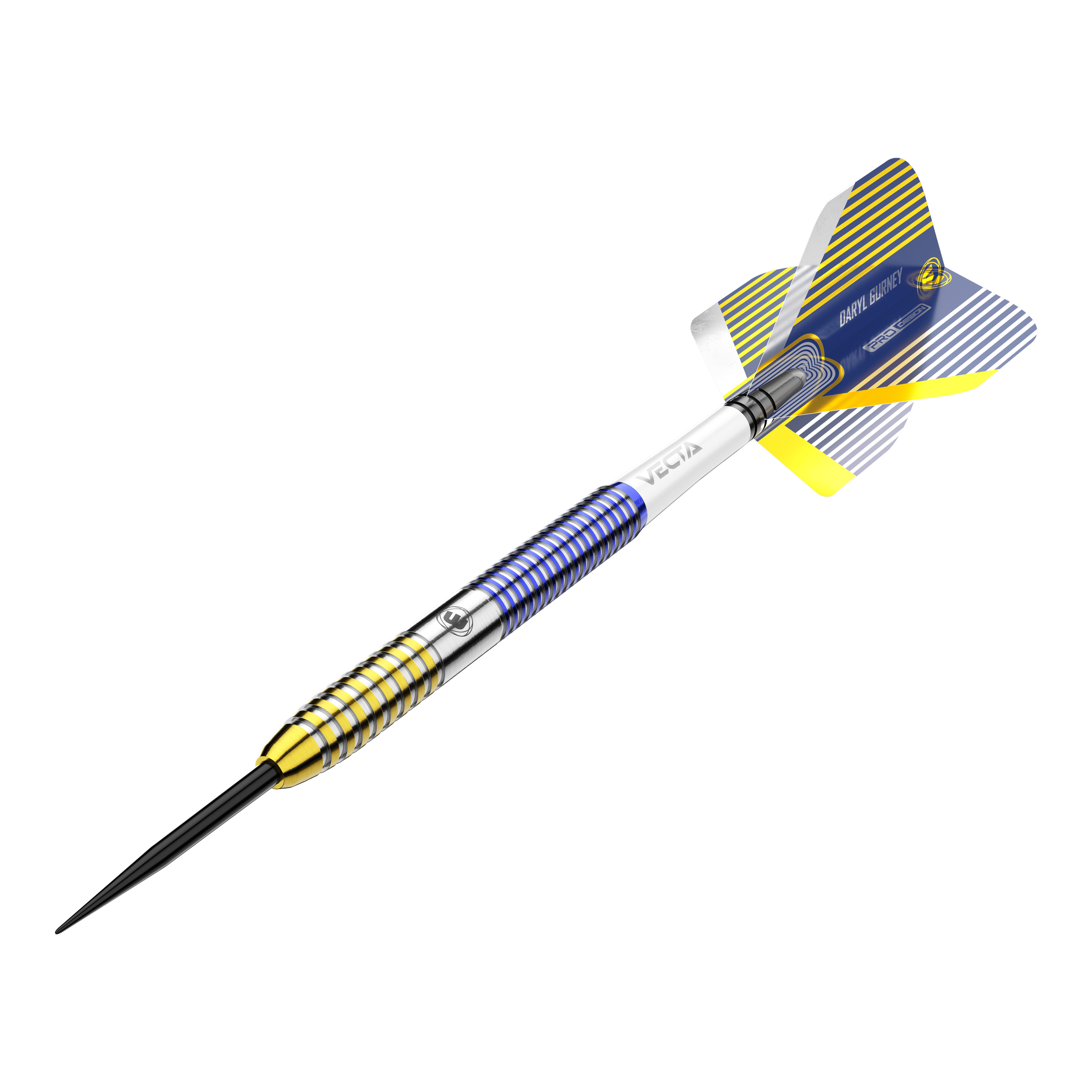 Winmau Daryl Gurney SC 1.0 Series Steeldarts - 23g Das Bild zeigt einen Winmau Daryl Gurney SC 1.0 Series Steeldart mit einem Gewicht von 23g. Der Dart ist bunt gestaltet, hauptsächlich in Blau, Gelb und Silber.