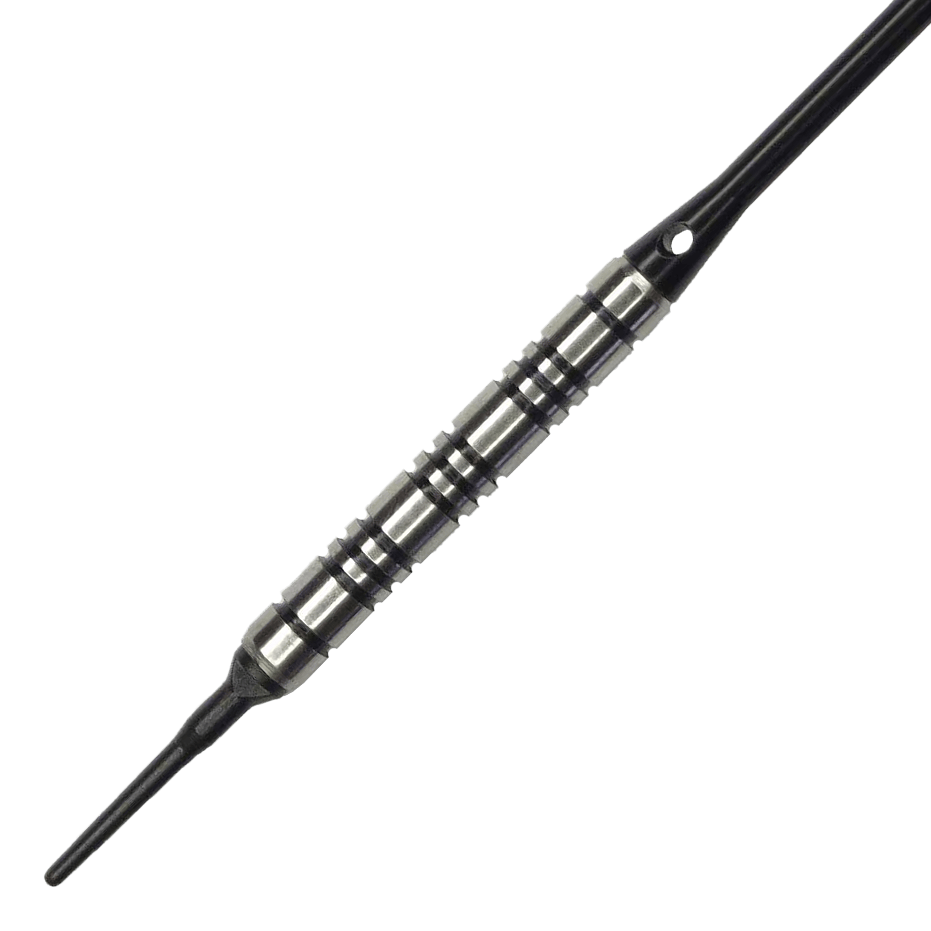 Lotki miękkie McDart 85 Tungsten V2 - 17g Das Bild zeigt einen McDart 85er Tungsten V2 Softdart mit einem Gewicht von 17g. Der Dart besteht aus silbernem Metall mit schwarzen Rillen und besitzt eine schwarze Kunststoffspitze.