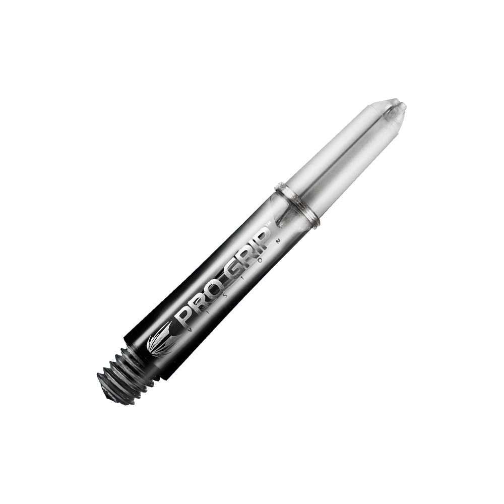 Target Pro Grip Vision Shafts - 3 zestawy - czarne Das Bild zeigt einen schwarzen Pro Grip Vision Shafts von Target mit einer Länge von 34 mm. Der Schaft hat ein glänzendes Finish und ist mit einem Schraubgewinde ausgestattet.