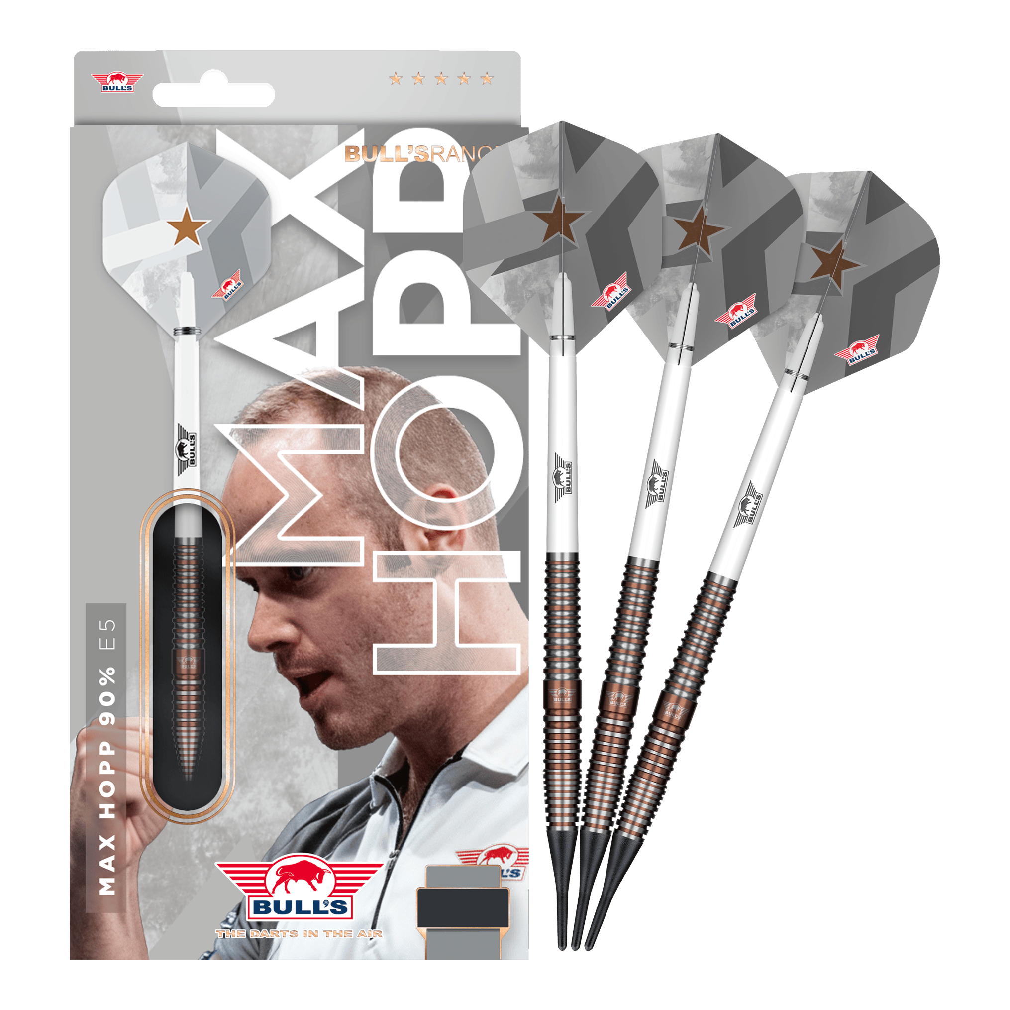 Bulls NL Max Hopp E5 miękkie lotki - 20g Zu sehen ist das Set Bulls NL Max Hopp E5 Softdarts im Gewicht 20g. Die Darts sind ideal für Softdart-Enthusiasten geeignet.