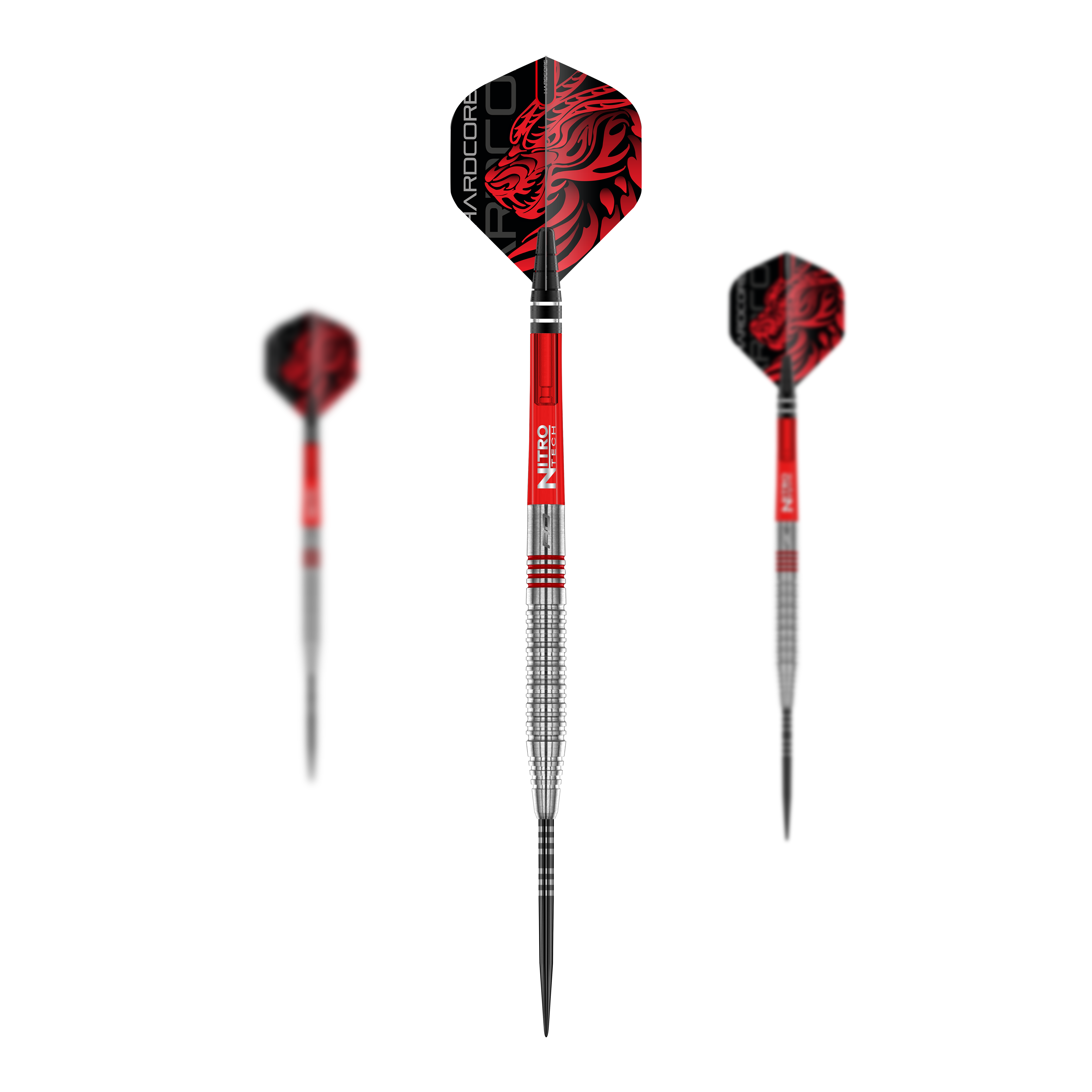 Red Dragon Jonny Clayton Original 2 stalowe lotki Das Bild zeigt drei Red Dragon Jonny Clayton Original 2 Steeldarts. Die Darts haben rote und silberne Griffe sowie Flights mit einem roten Drachenmotiv.