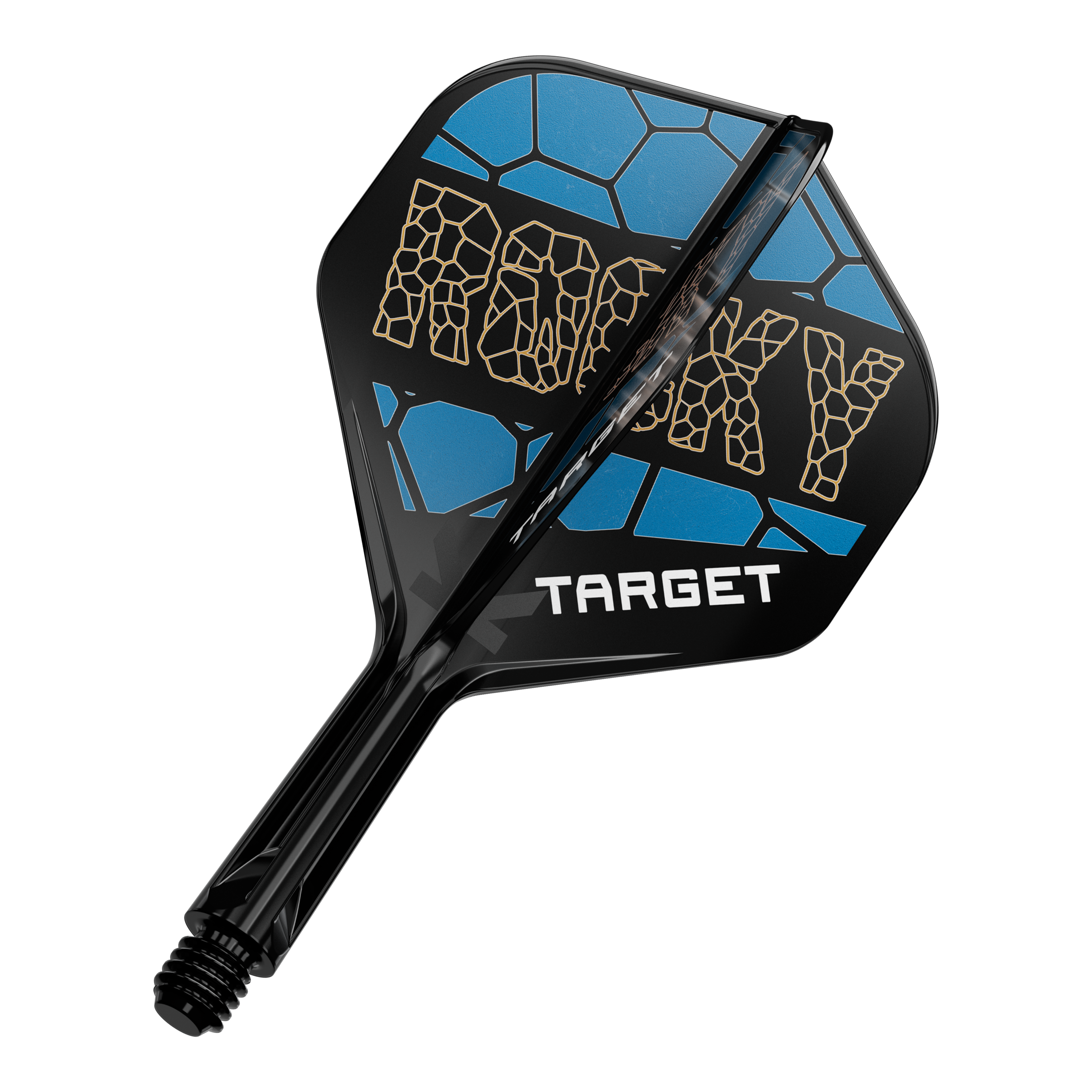 System wałów lotniczych Target K-Flex Josh Rock No2 Standard Auf dem Bild ist ein Dart-Flight-System mit der Aufschrift „ROCKY“ in gelber Schrift zu sehen. Das Design ist schwarz und blau und darunter steht das Wort „TARGET“.