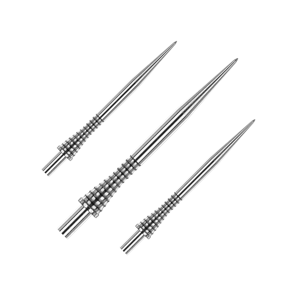 Groty do rzutek Red Dragon Raptor Gripped Silver ze stali 38 mm Das Bild zeigt drei silberne Steeldartspitzen mit geriffeltem Griffdesign. Es handelt sich um das Produkt "Red Dragon Raptor Gripped Silver Steeldartspitzen 38mm".