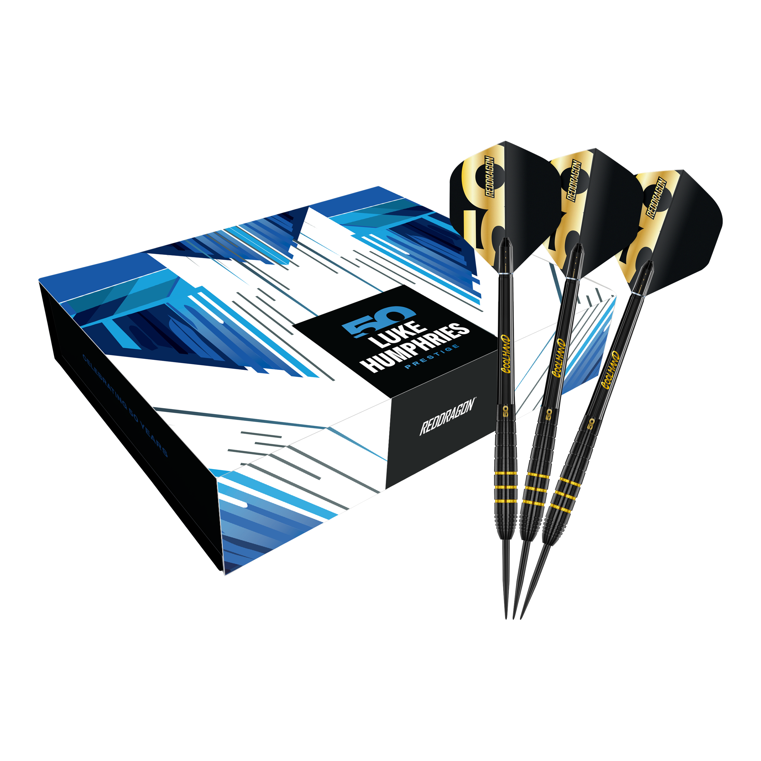 Das Bild zeigt den Red Dragon Luke Humphries 50 Years Player Limited Edition Steeldarts - 22g. Diese Edition ist für Dart-Enthusiasten und Sammler konzipiert.