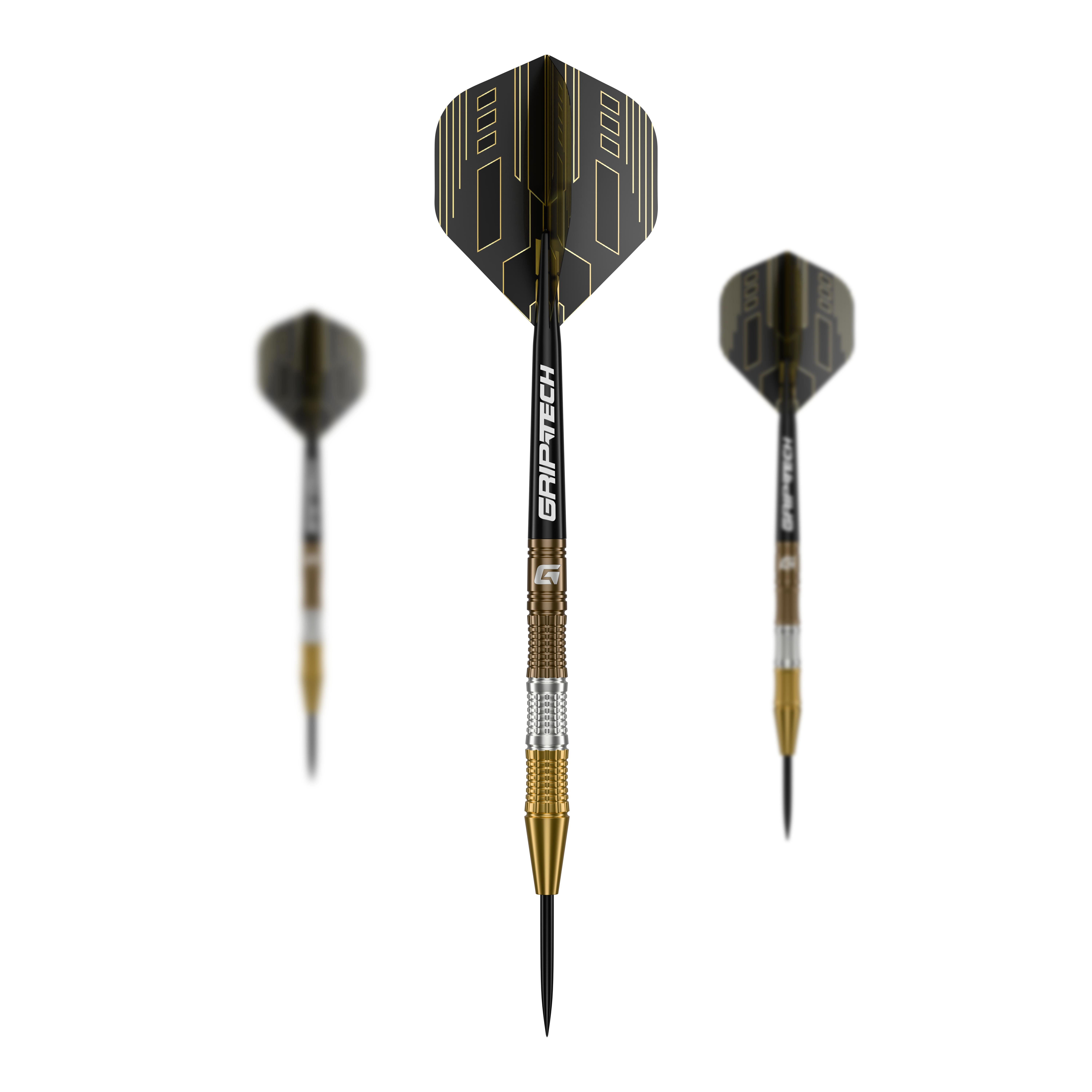Das Bild zeigt drei "GOAT Ceremony Tungsten Steeldarts" mit schwarzen und goldenen Elementen. Der mittlere Dart ist im Fokus und zeigt den Schriftzug "GRIP-TECH" auf dem Schaft.