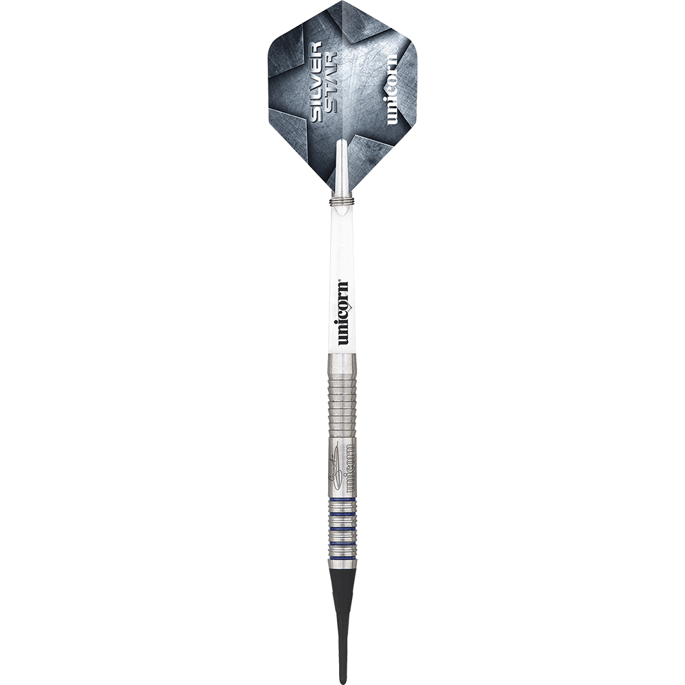 04771_Unicorn_Silver_Star_Var2_Gary_Anderson_Softdarts_1NXXE003B8Bifb Das Bild zeigt einen Softdart mit silbernem Schaft und grauer Flights. Auf dem Flight steht "Unicorn Silver Star".