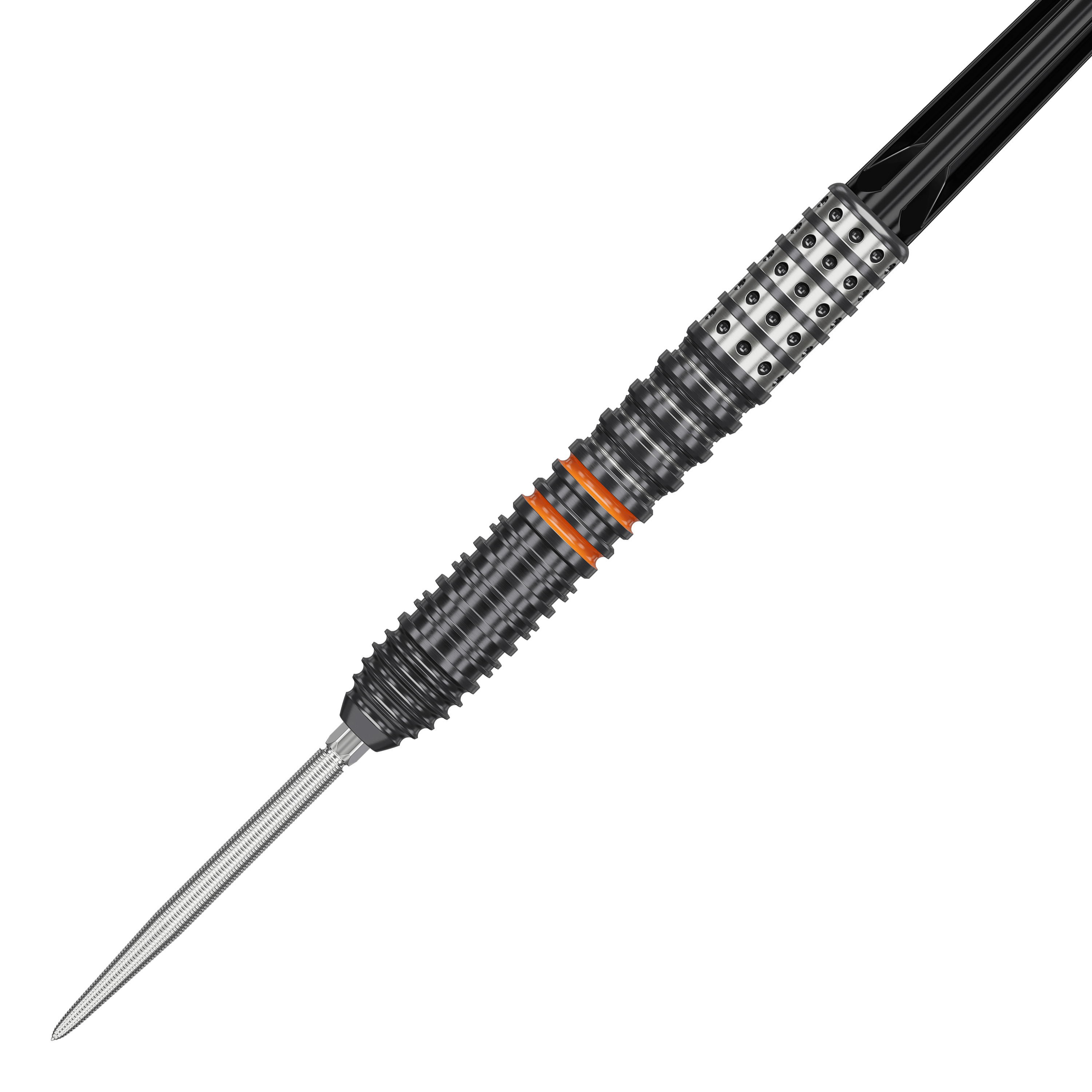 Das Bild zeigt einen Target Japan Black Marque Morpheus GEN2 Steeldart. Der Dartpfeil hat ein schwarzes, geriffeltes Griffstück mit silbernen und orangenen Akzenten.