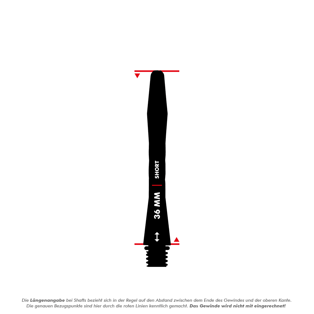 C648_Red_Dragon_Gerwyn_Price_V-Groove_Aluminium_Shafts_Black_5_36mm Das Bild zeigt einen schwarzen Aluminium-Dartshaft mit einer Länge von 36 mm. Auf dem Shaft steht "SHORT" und "36 MM" und an den Enden sind rote Markierungen.