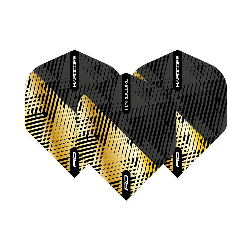 TF6832_Red_Dragon_Hardcore_Premium_Gold_Black_Fleck_Standard_Flights_1ppt7TGUzJTpOO Das Bild zeigt die Red Dragon Hardcore Premium Gold Black Fleck Standard Flights. Die Flights haben ein modernes Design in Schwarz und Gold mit auffälligen Linienmustern.