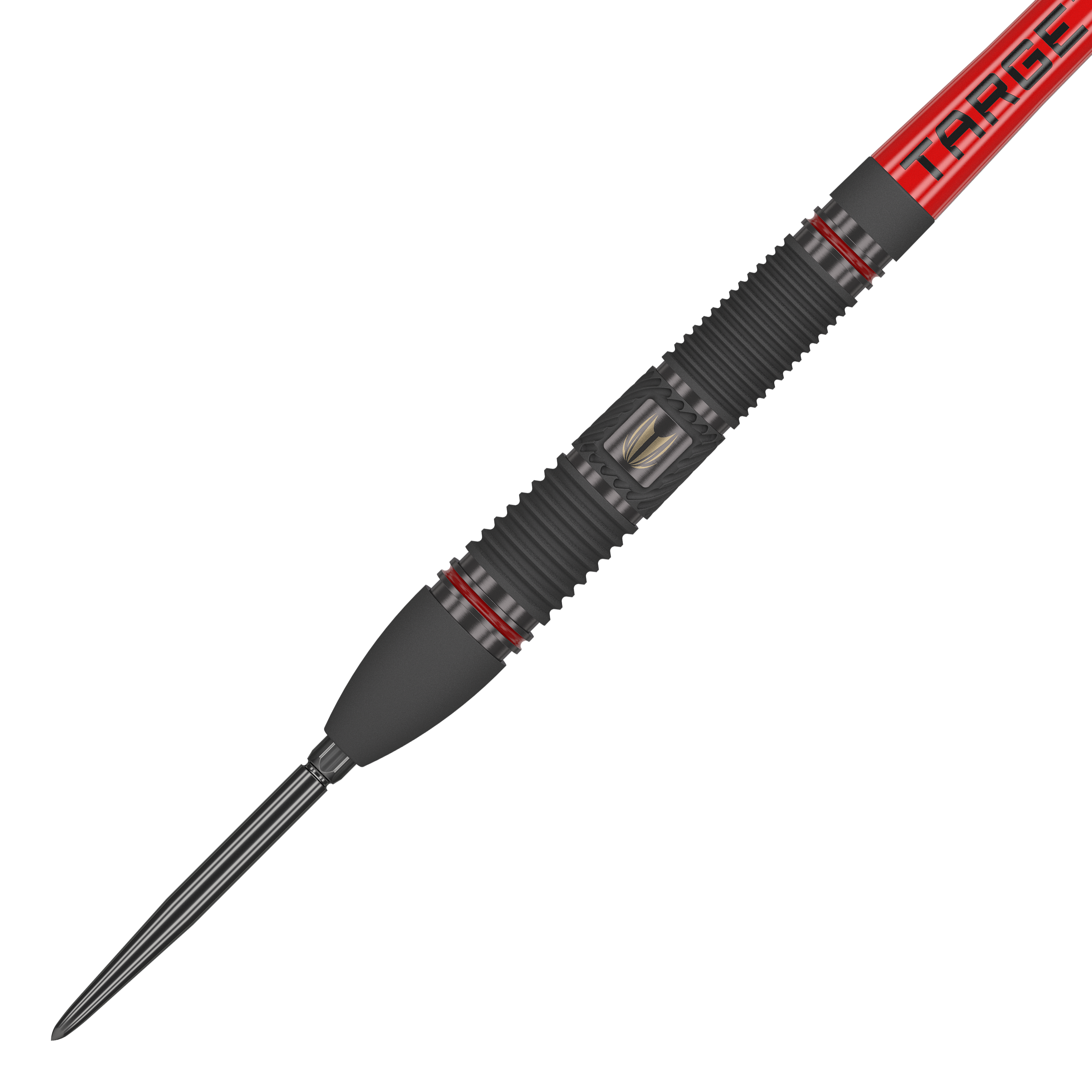 Stalowe lotki Target Scope 02 Swiss Point Das Bild zeigt einen Target Scope 02 Swiss Point Steeldart mit einem schwarzen und roten Design. Der Dartpfeil hat eine gerillte Griffzone und eine scharfe Metallspitze.