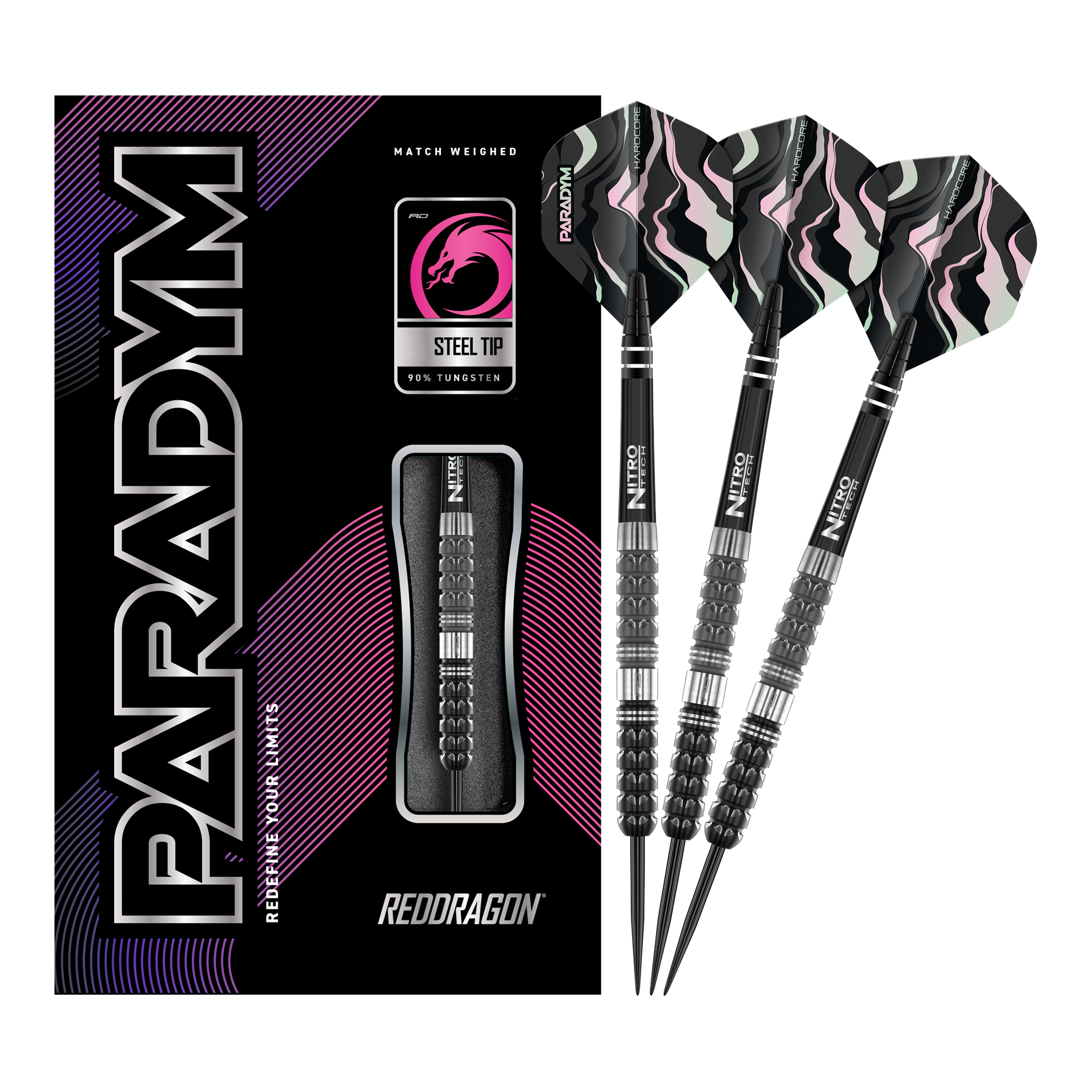 Rzutki Red Dragon Paradym Tapered Steel Das Bild zeigt das Produkt "Red Dragon Paradym Tapered Steeldarts" mit einer schwarzen Verpackung und drei Steeldarts. Die Darts haben schwarze, silberne und rosafarbene Details sowie auffällige Flights.