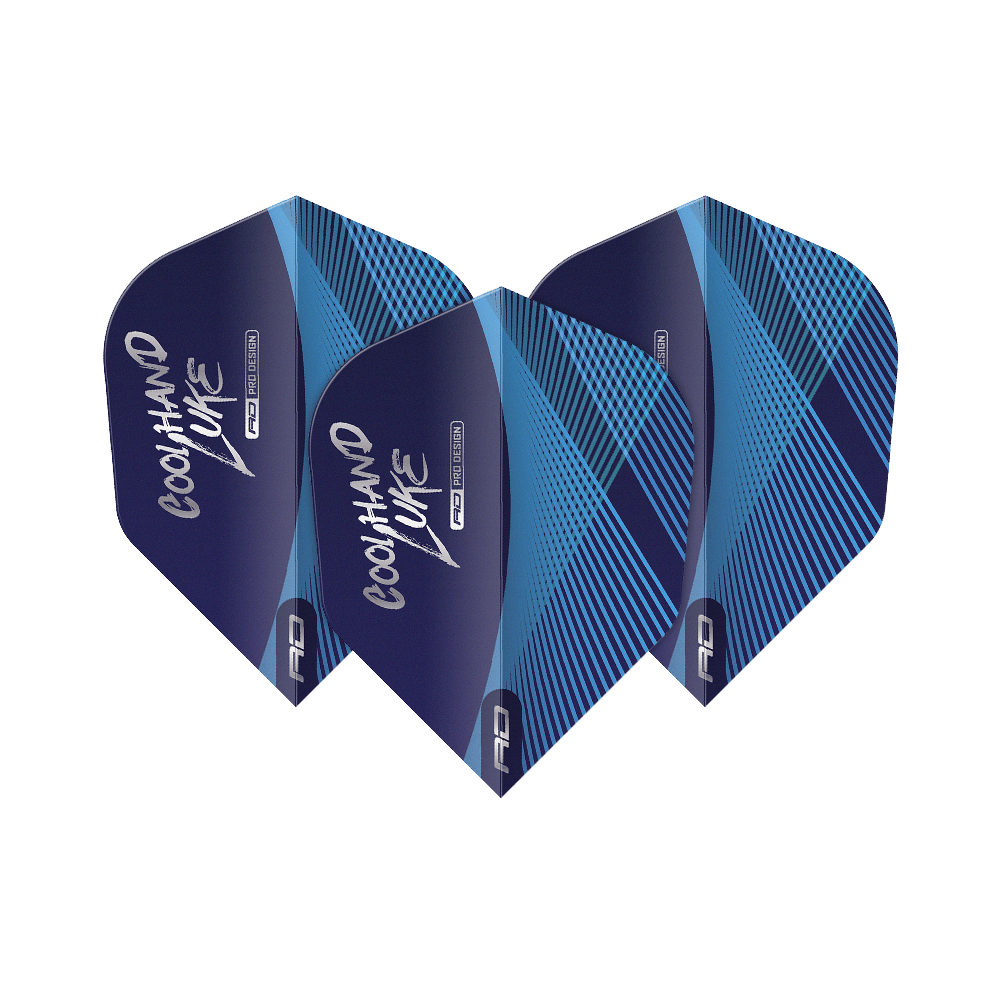 Czerwony Smok Luke Humphries Coolhand Niebieski Srebrny No6 Loty Das Bild zeigt drei blaue Dart-Flights mit silbernen und blauen Linienmustern. Auf den Flights steht der Schriftzug "Coolhand Luke".