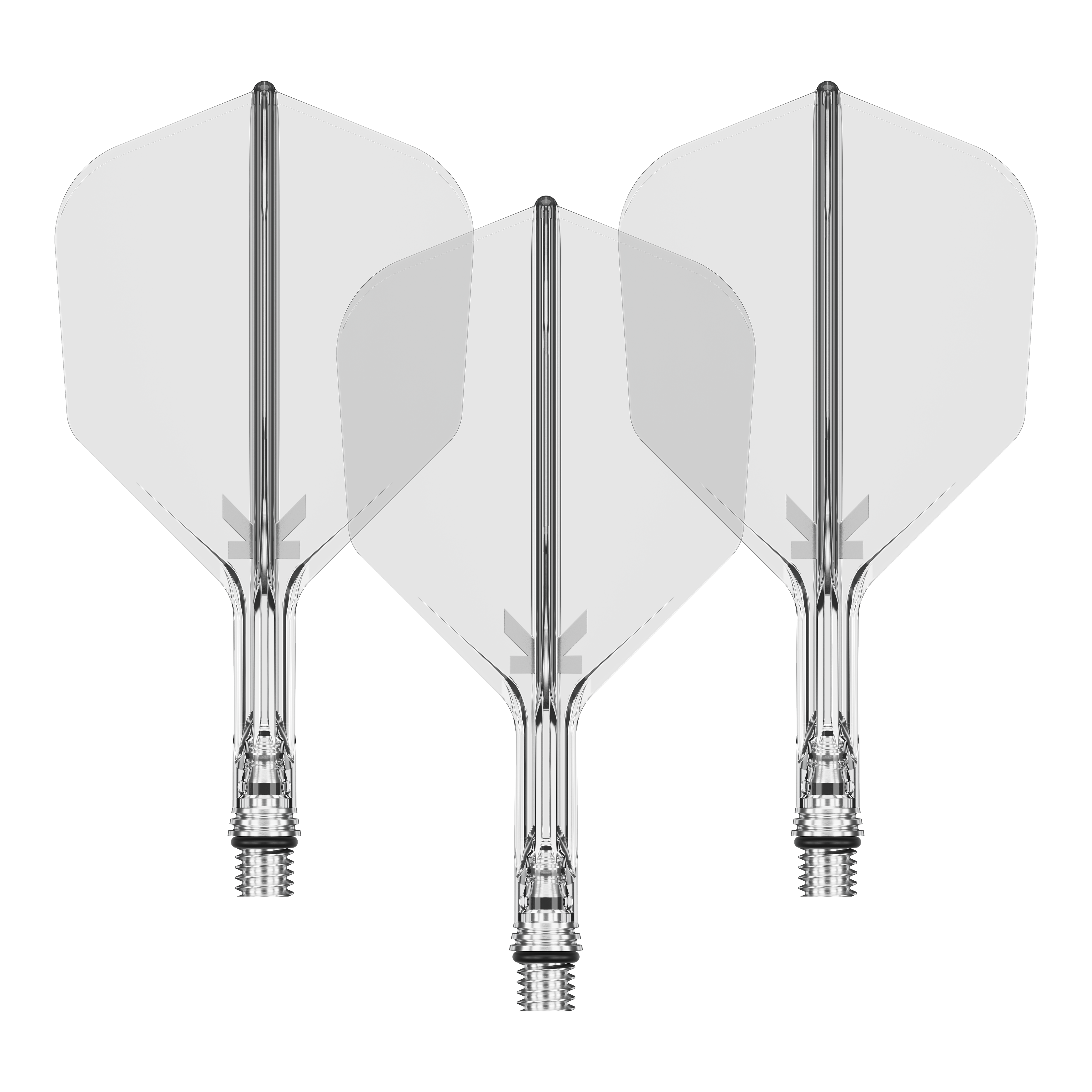 Ein Set von Target KShift No6 Dart-Flights in klarer, durchsichtiger Optik, 19 mm lang. Die Abbildung zeigt mehrere Flights als Set.