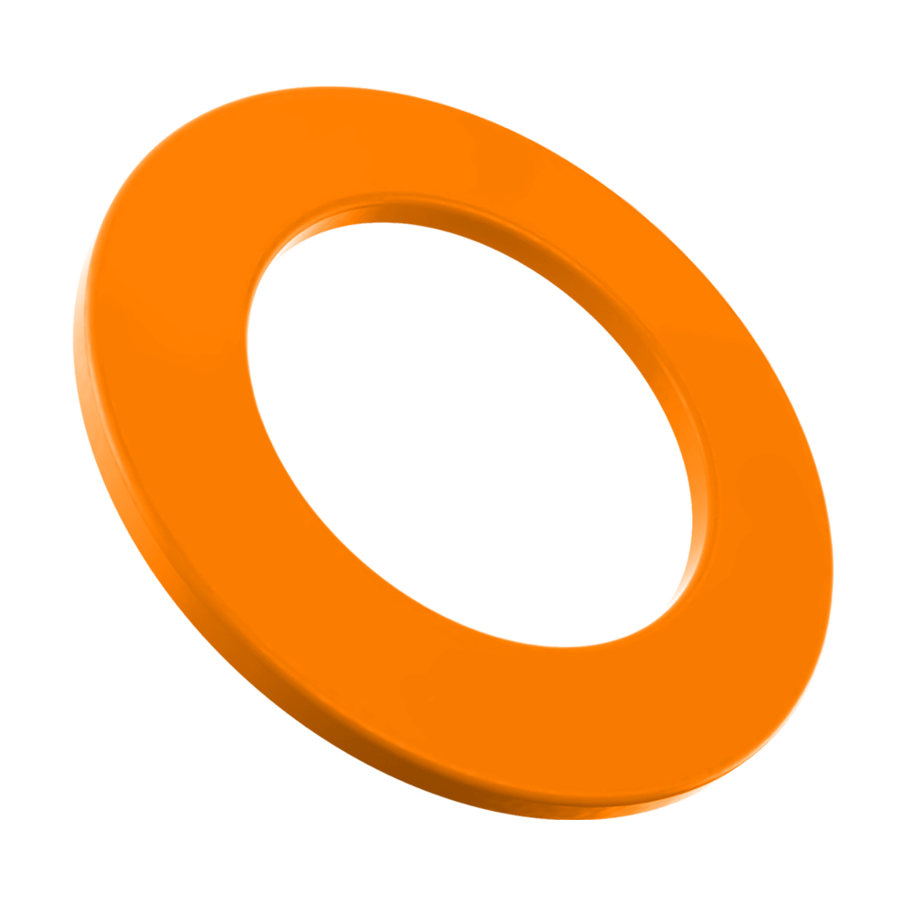 Das Bild zeigt einen orangefarbenen Ring aus Kunststoff. Er ist glatt und hat eine runde, gleichmäßige Form.