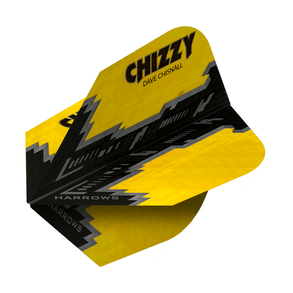 HR7531_Harrows_Dave_Chisnall_Prime_Gelb_Schwarz_No6_Flights_2 Das Bild zeigt ein Dartflight mit dem Namen "Harrows Prime Dave Chisnall Schwarz No6". Das Flight ist überwiegend gelb und schwarz und trägt den Schriftzug "CHIZZY DAVE CHISNALL".