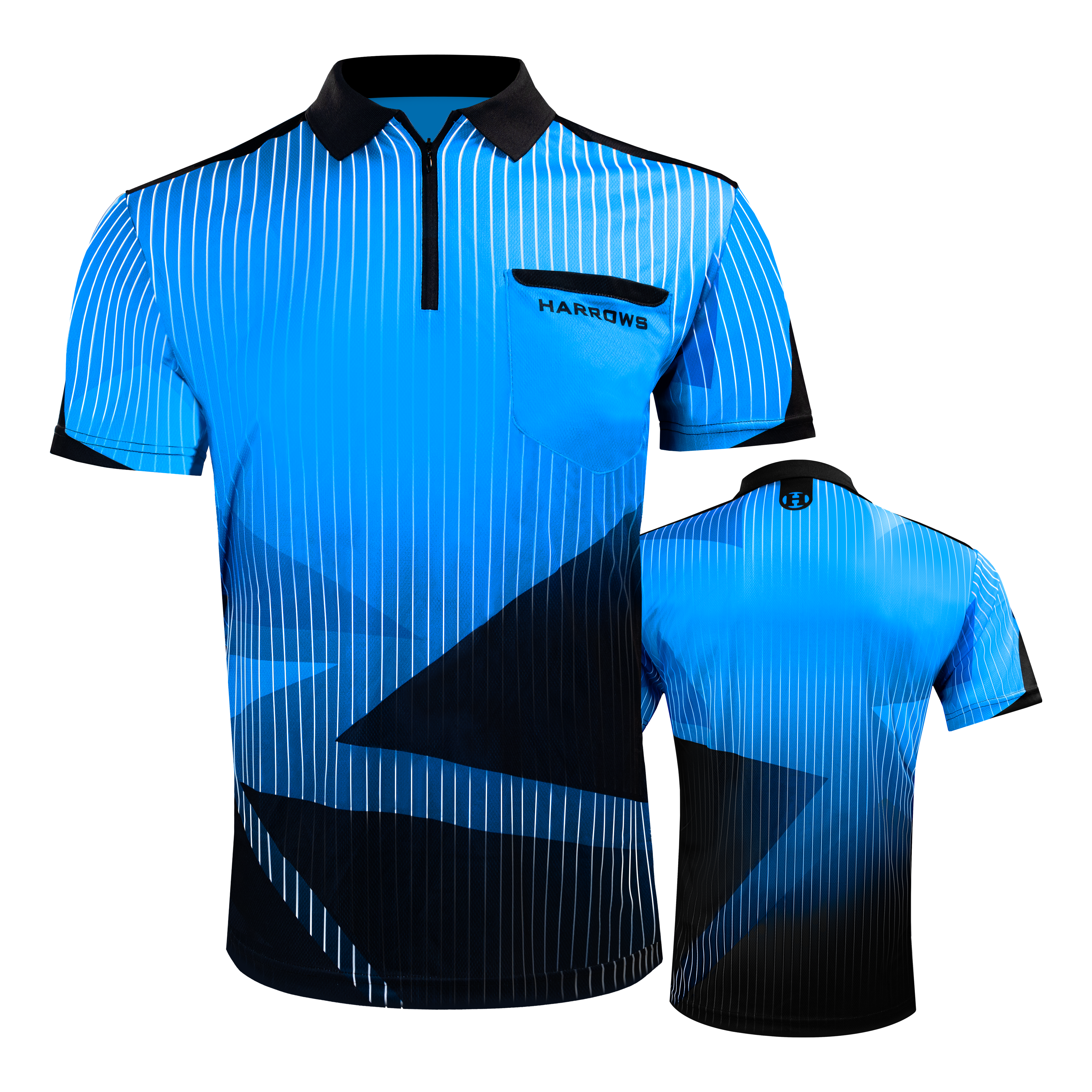 Harrows Shard Dartshirt - Blau Das Bild zeigt das "Harrows Shard Dartshirt - Blau" von vorne und von hinten. Das Hemd ist blau mit schwarzen und weißen Akzenten sowie einem modernen Streifenmuster.