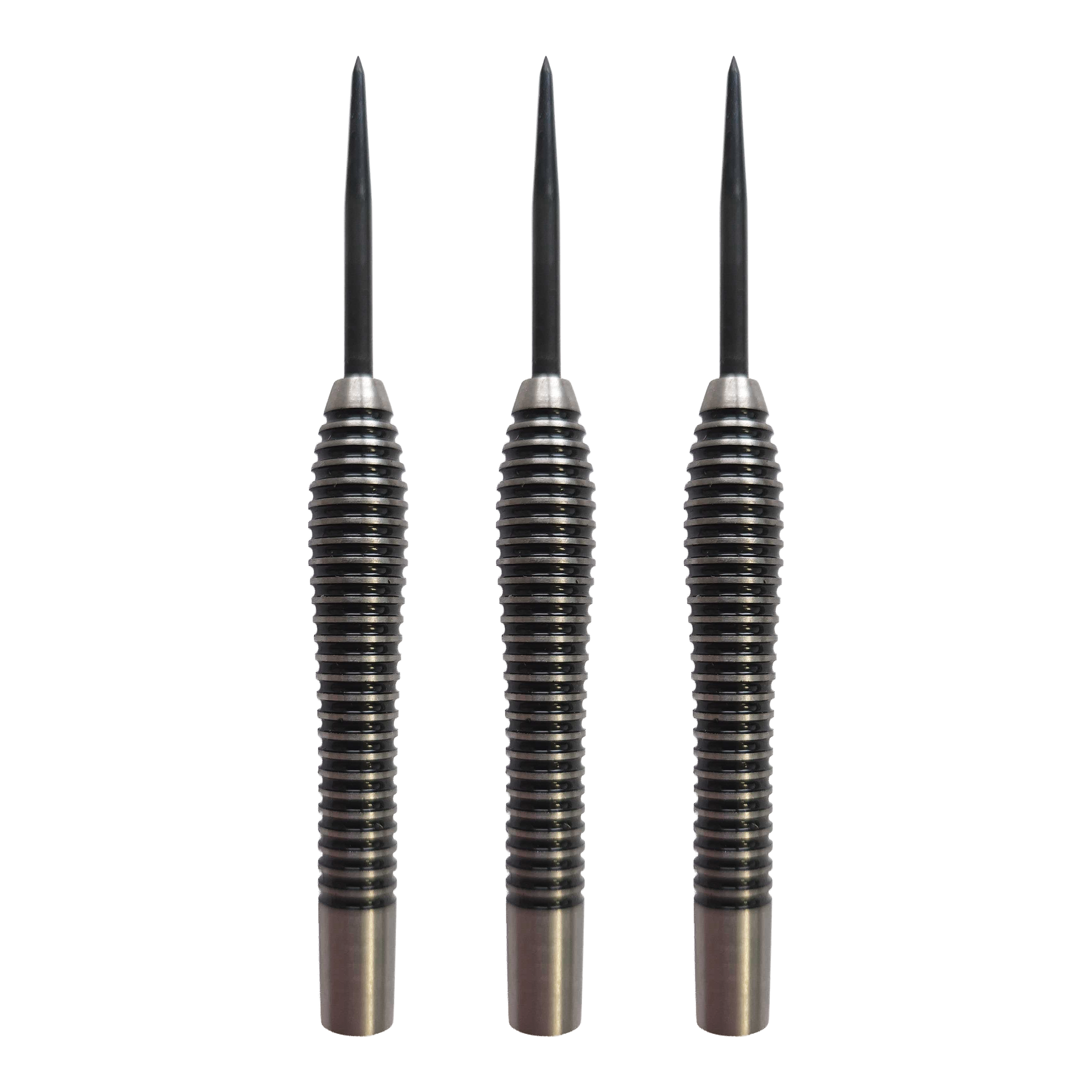 Abgebildet ist das Produkt McDart Black Ring Teardrop Steeldart-Barrels - 24g. Es handelt sich um ein Set von Steeldart-Barrels in schwarz mit Ringdesign.