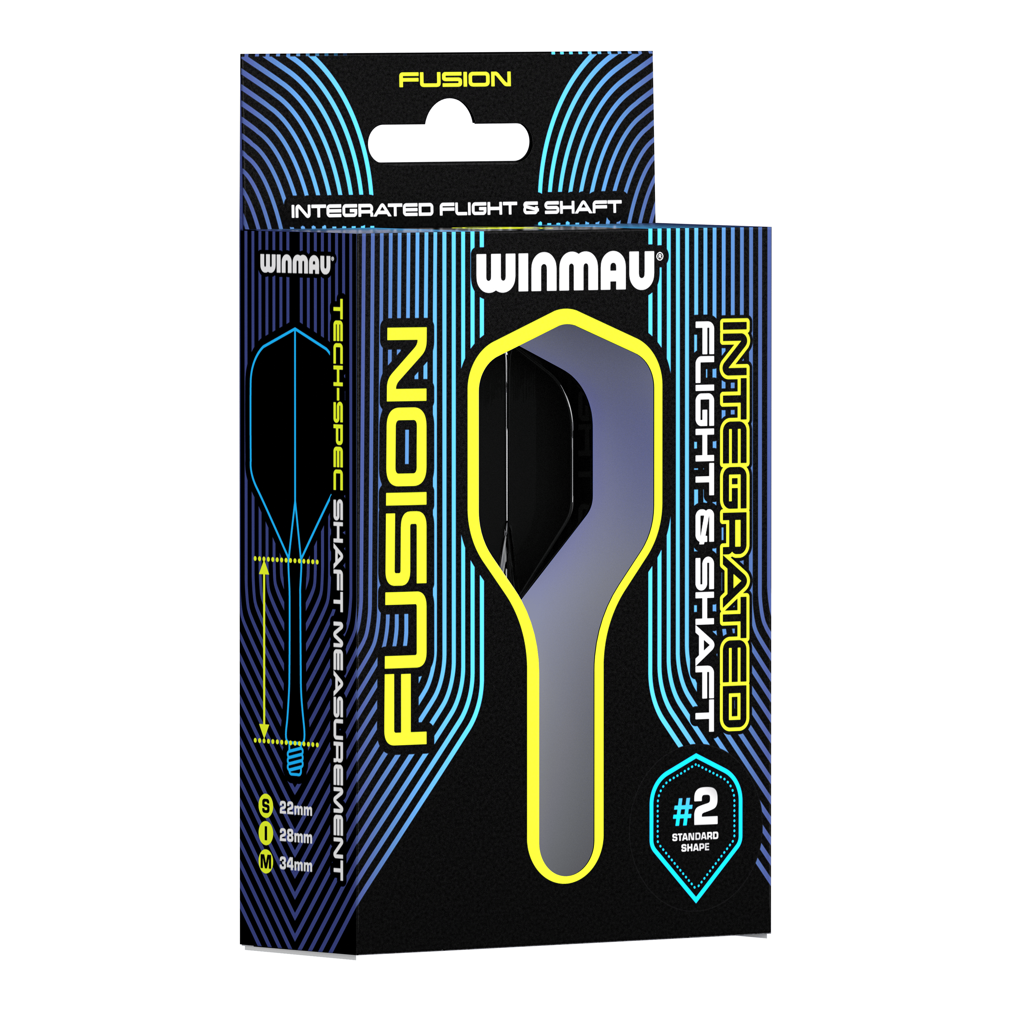 System wałów lotniczych Winmau Fusion Standard Black Auf dem Bild ist eine Verpackung des Winmau Fusion Integrated Flight & Shaft Systems zu sehen. Die Schachtel ist schwarz mit blauen und gelben Akzenten und enthält Flights und Shafts für Darts.