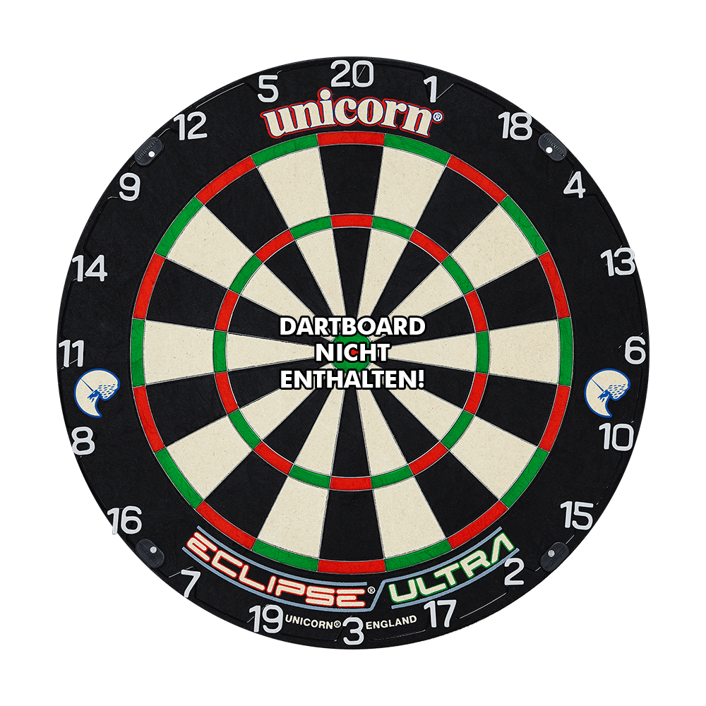 Das Bild zeigt einen Dartboard-Zahlenring der Marke Unicorn mit horizontal angeordneten Zahlen. In der Mitte steht der Hinweis: "Dartboard nicht enthalten!"
