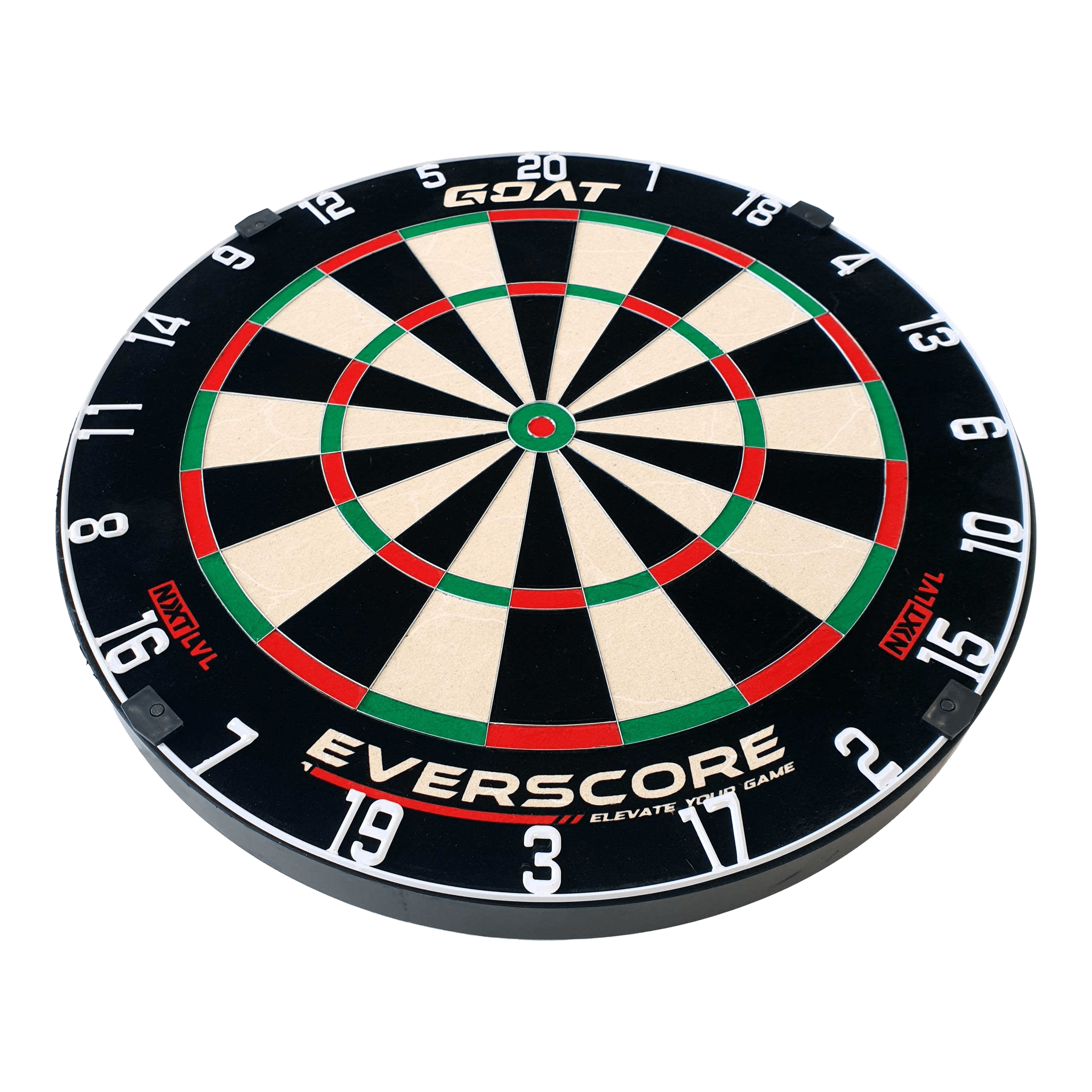 Tarcza do darta GOAT Everscore Steel Das Bild zeigt eine GOAT Everscore Steeldartboard. Die Dartscheibe ist rund und hat farbige Segmente sowie gut sichtbare Zahlen am Rand.